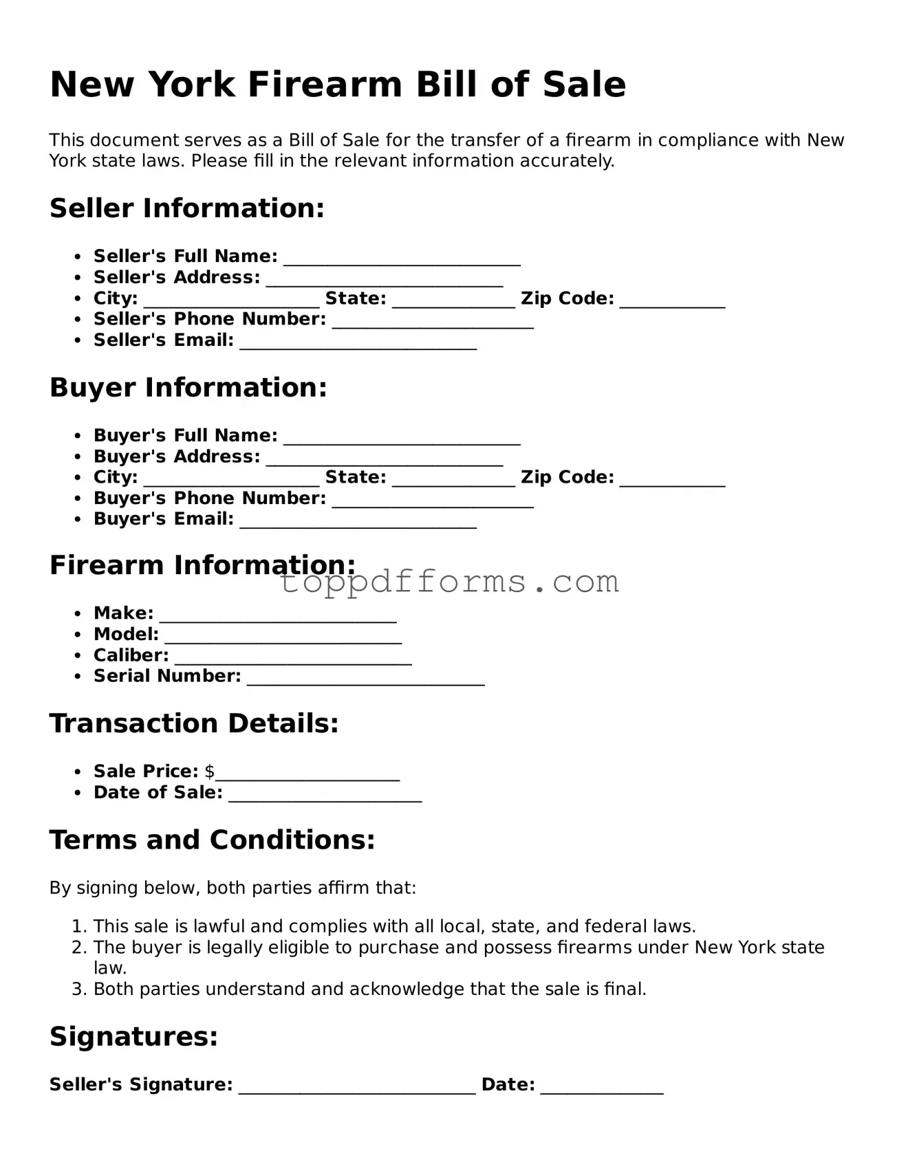Firearm Bill of Sale Document for New York State