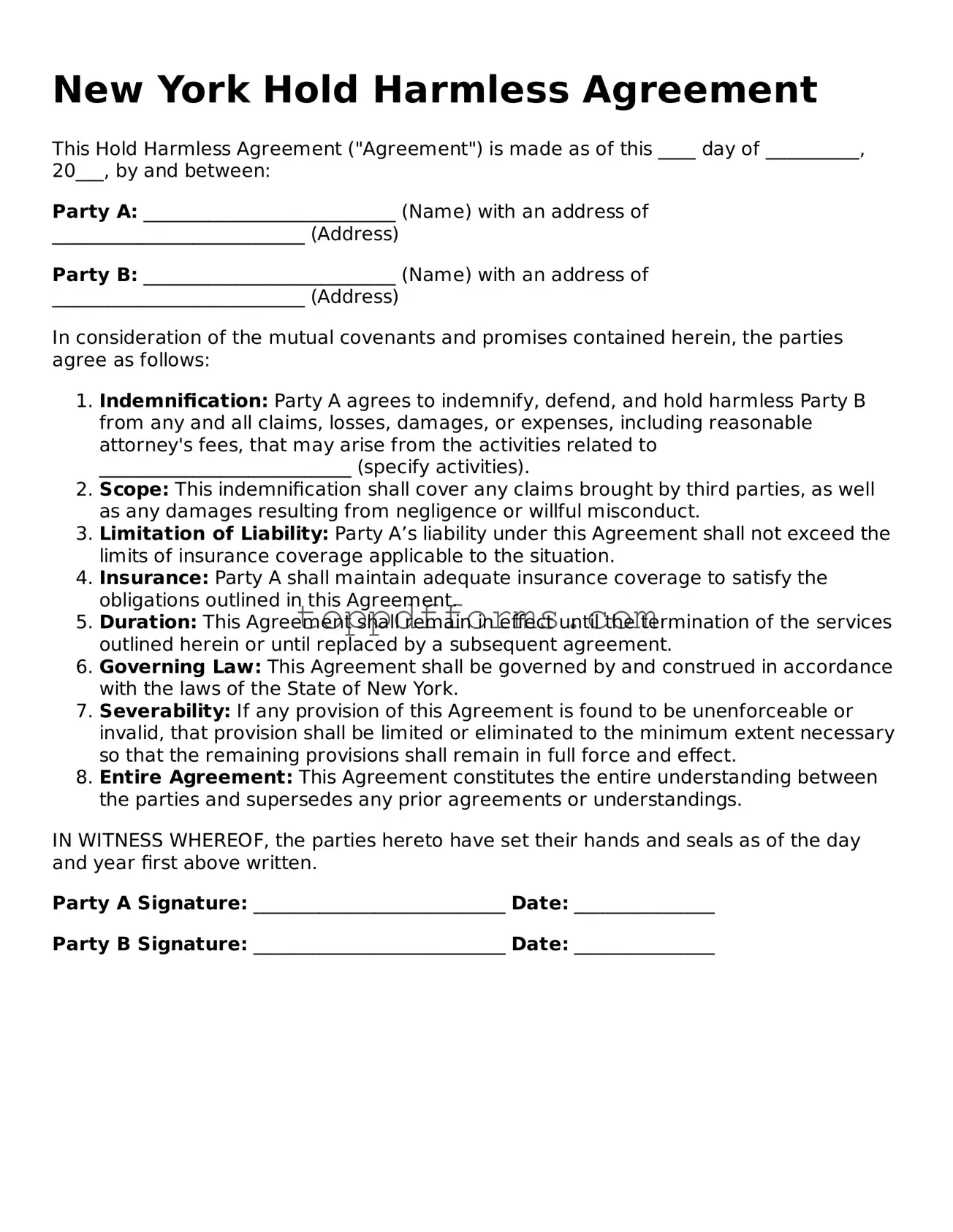 Hold Harmless Agreement Document for New York State