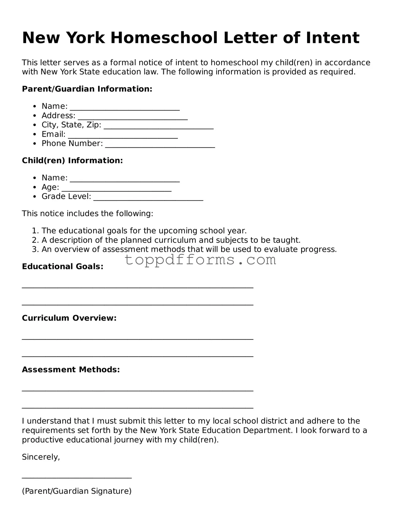 Homeschool Letter of Intent Document for New York State