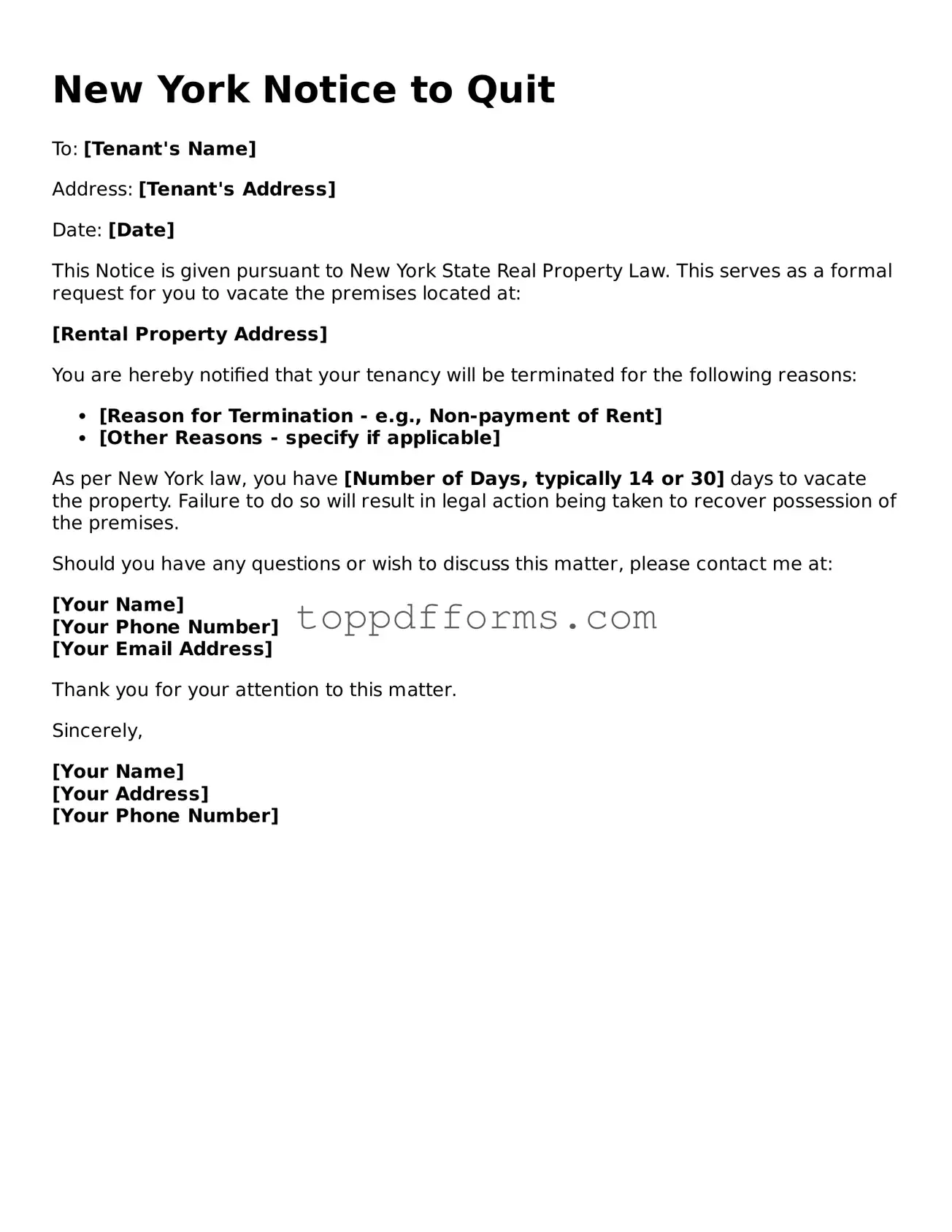 Notice to Quit Document for New York State