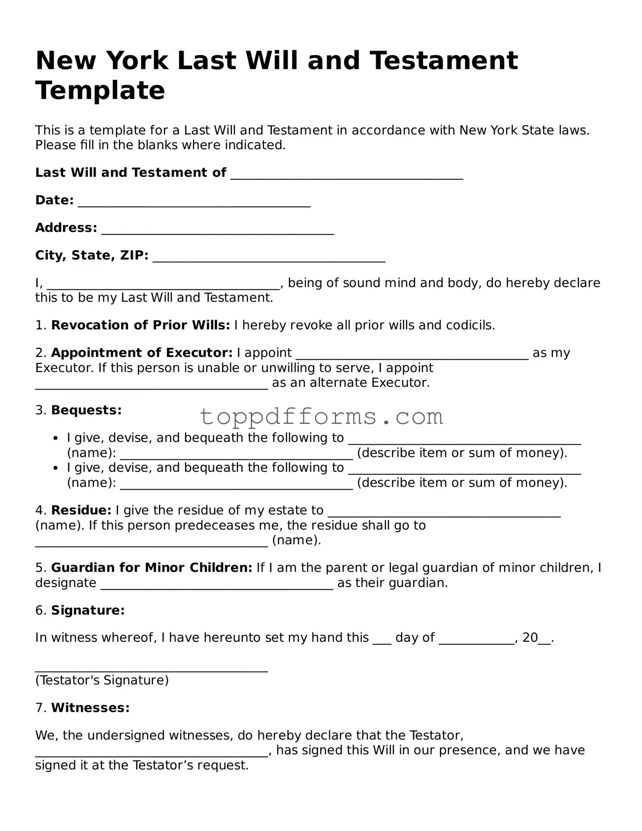 Last Will and Testament Document for New York State