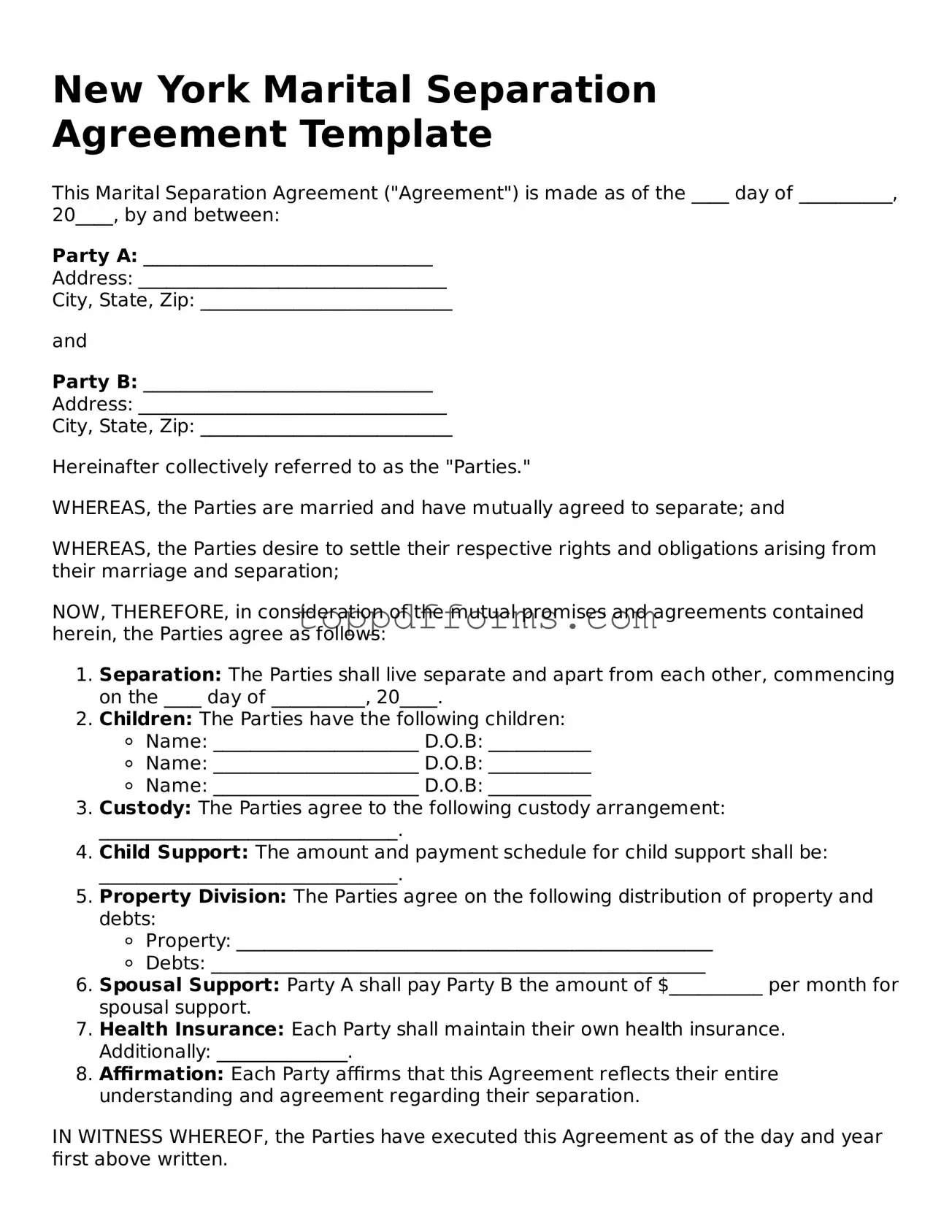 Marital Separation Agreement Document for New York State