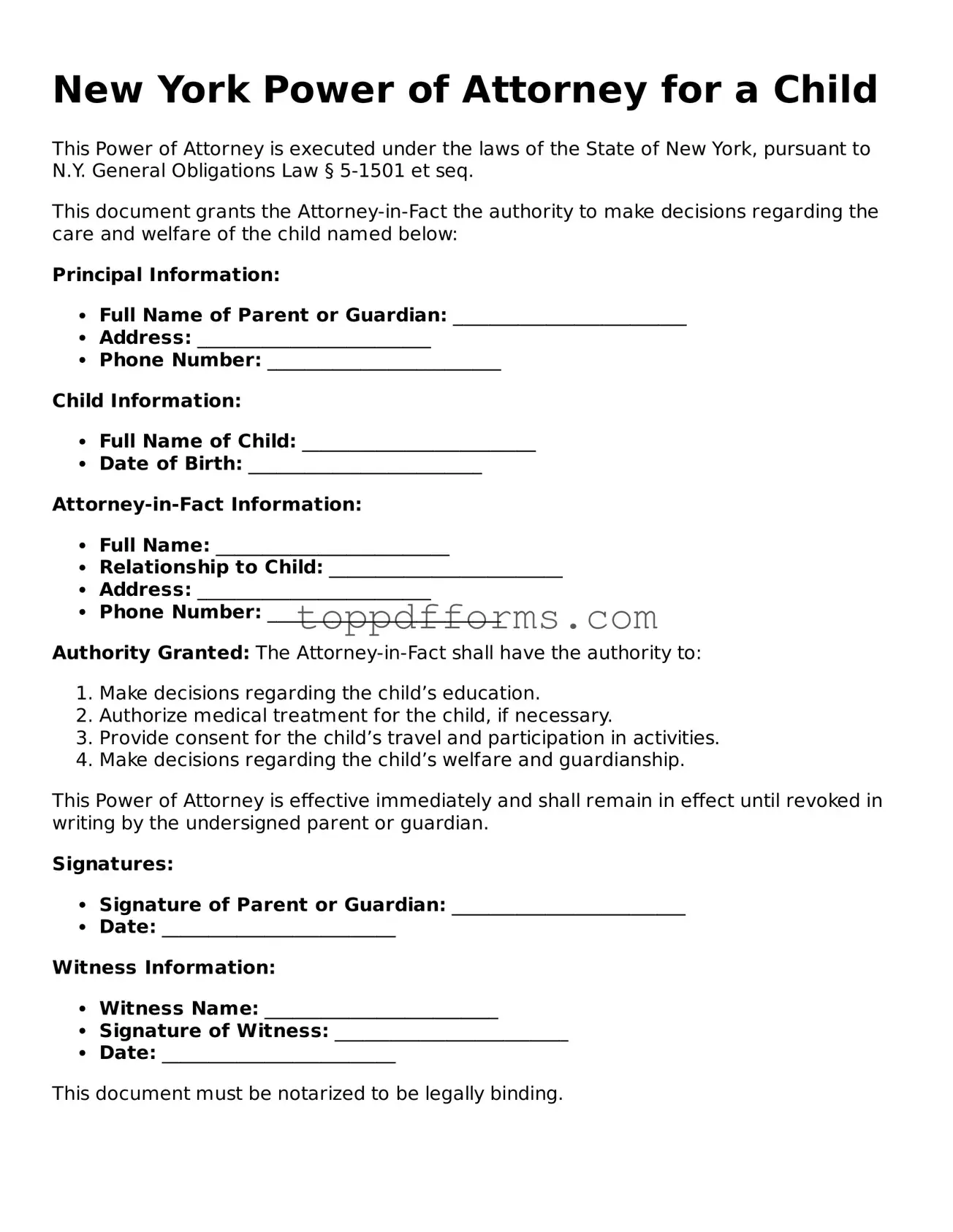 Power of Attorney for a Child Document for New York State
