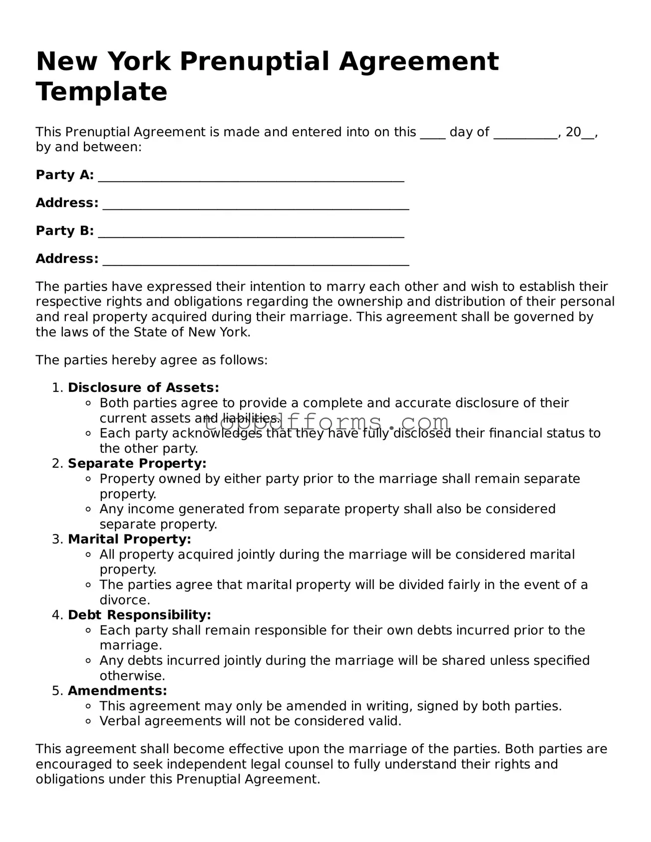 Prenuptial Agreement Document for New York State