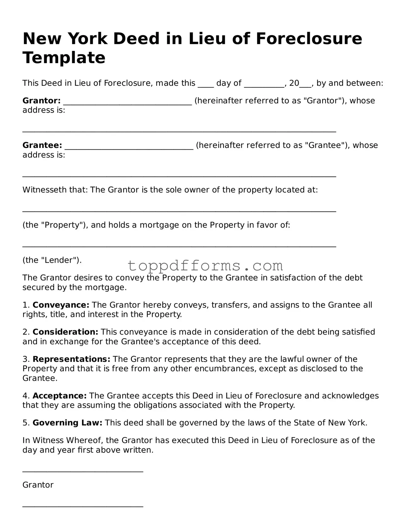 Deed in Lieu of Foreclosure Document for New York State