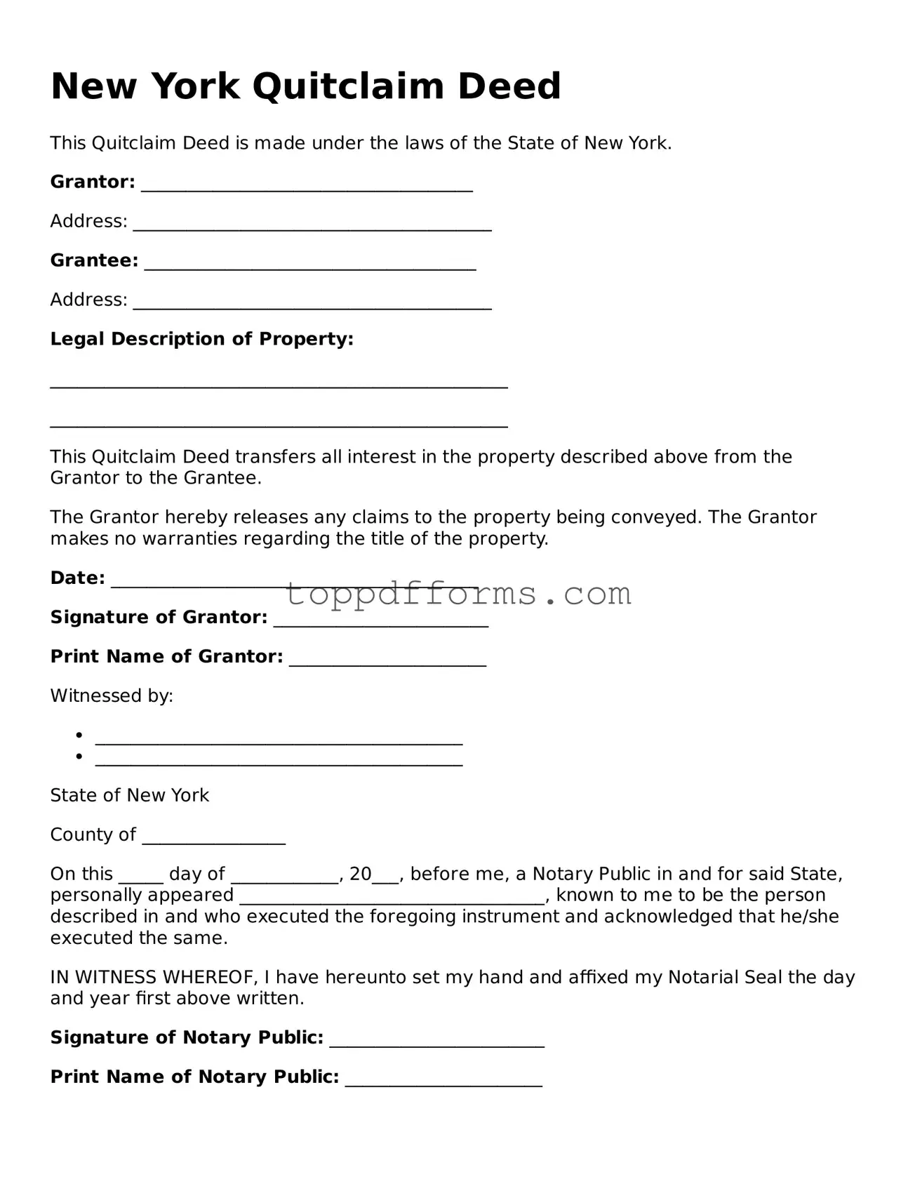 Quitclaim Deed Document for New York State