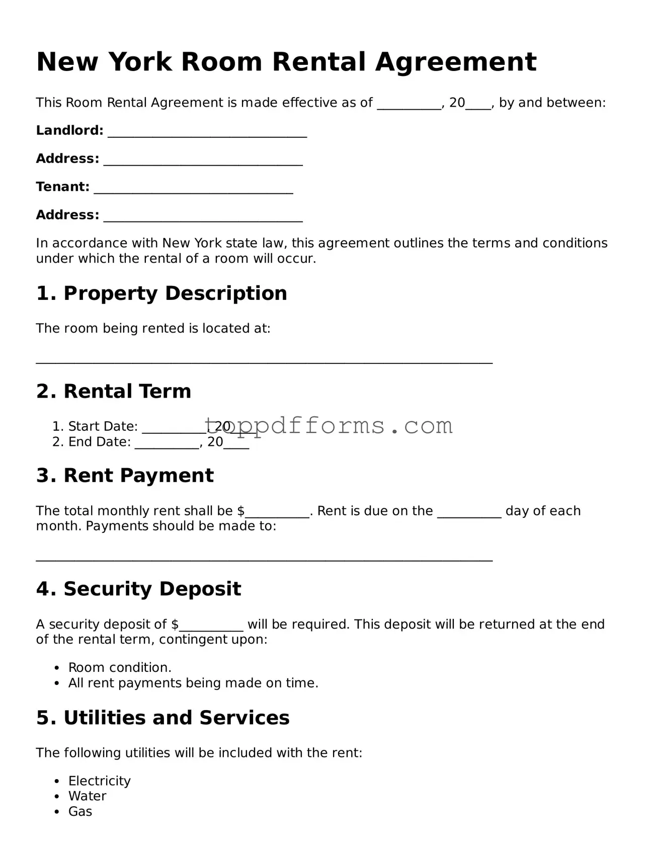 Room Rental Agreement Document for New York State