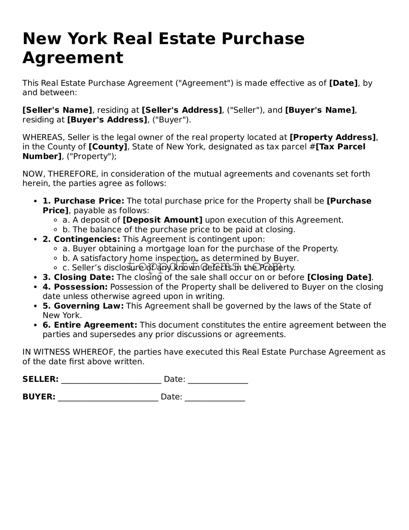 Real Estate Purchase Agreement Document for New York State