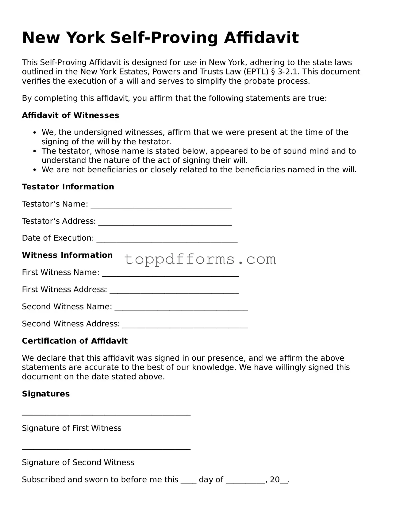 Self-Proving Affidavit Document for New York State