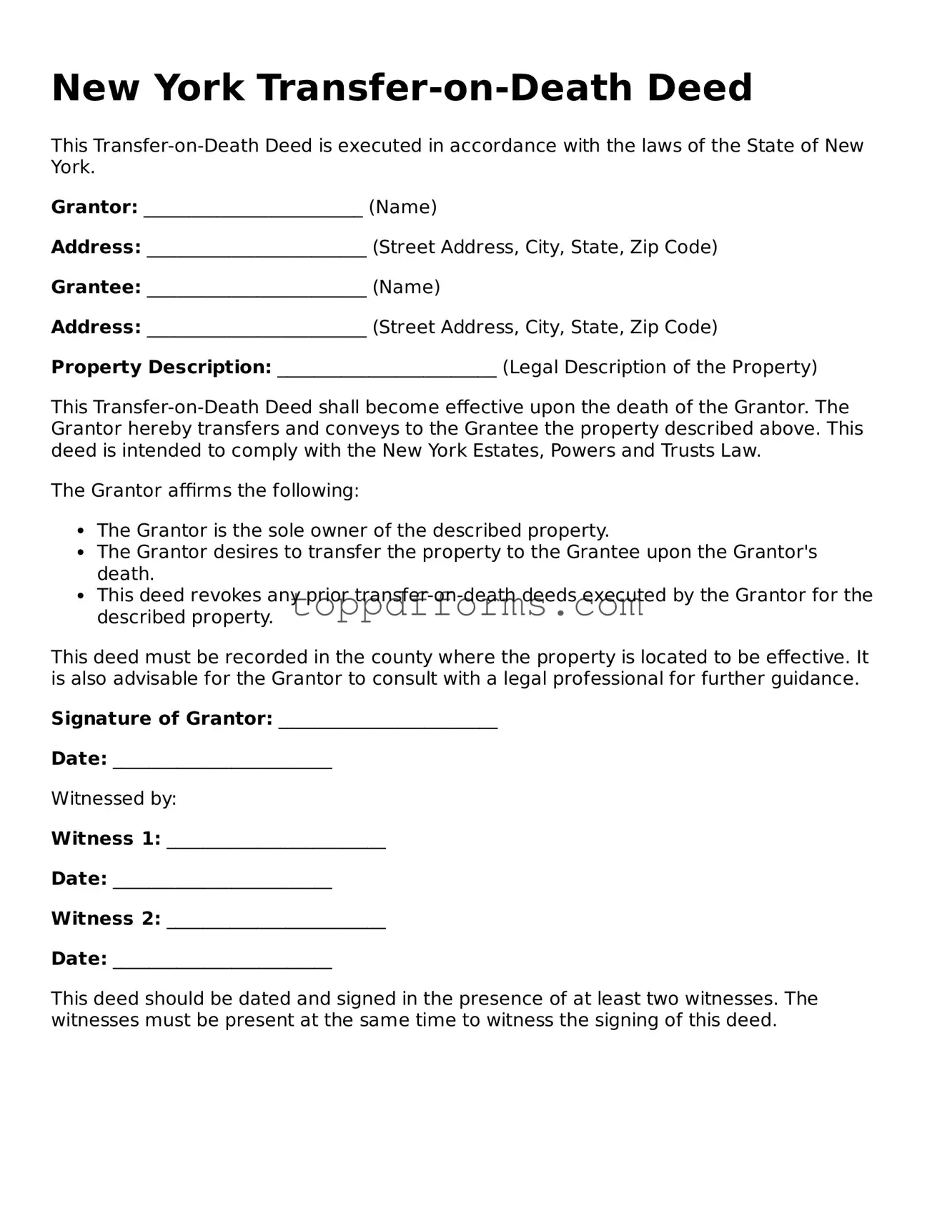 Transfer-on-Death Deed Document for New York State