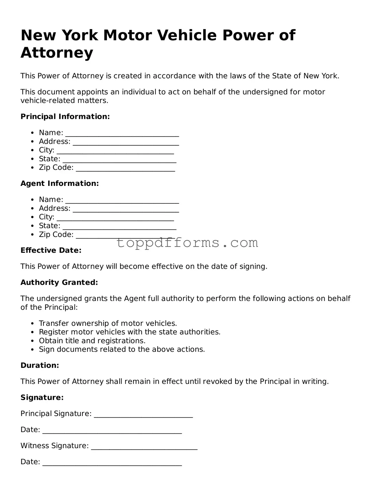 Motor Vehicle Power of Attorney Document for New York State