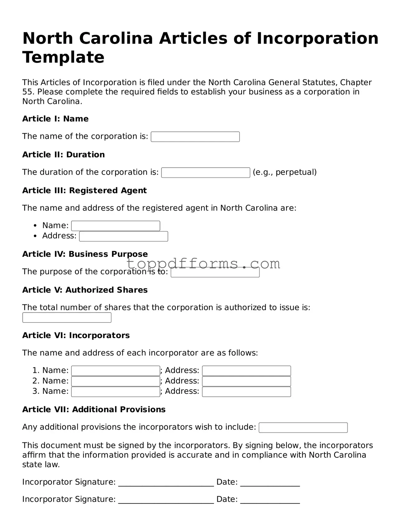 Articles of Incorporation Document for North Carolina State