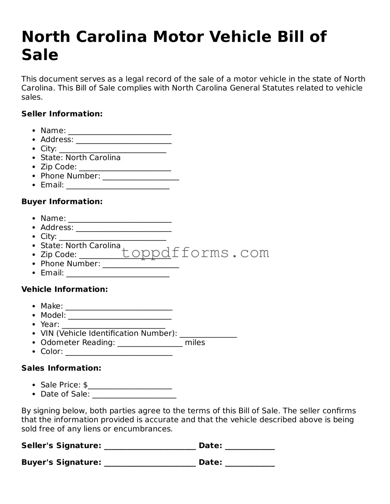 Motor Vehicle Bill of Sale Document for North Carolina State