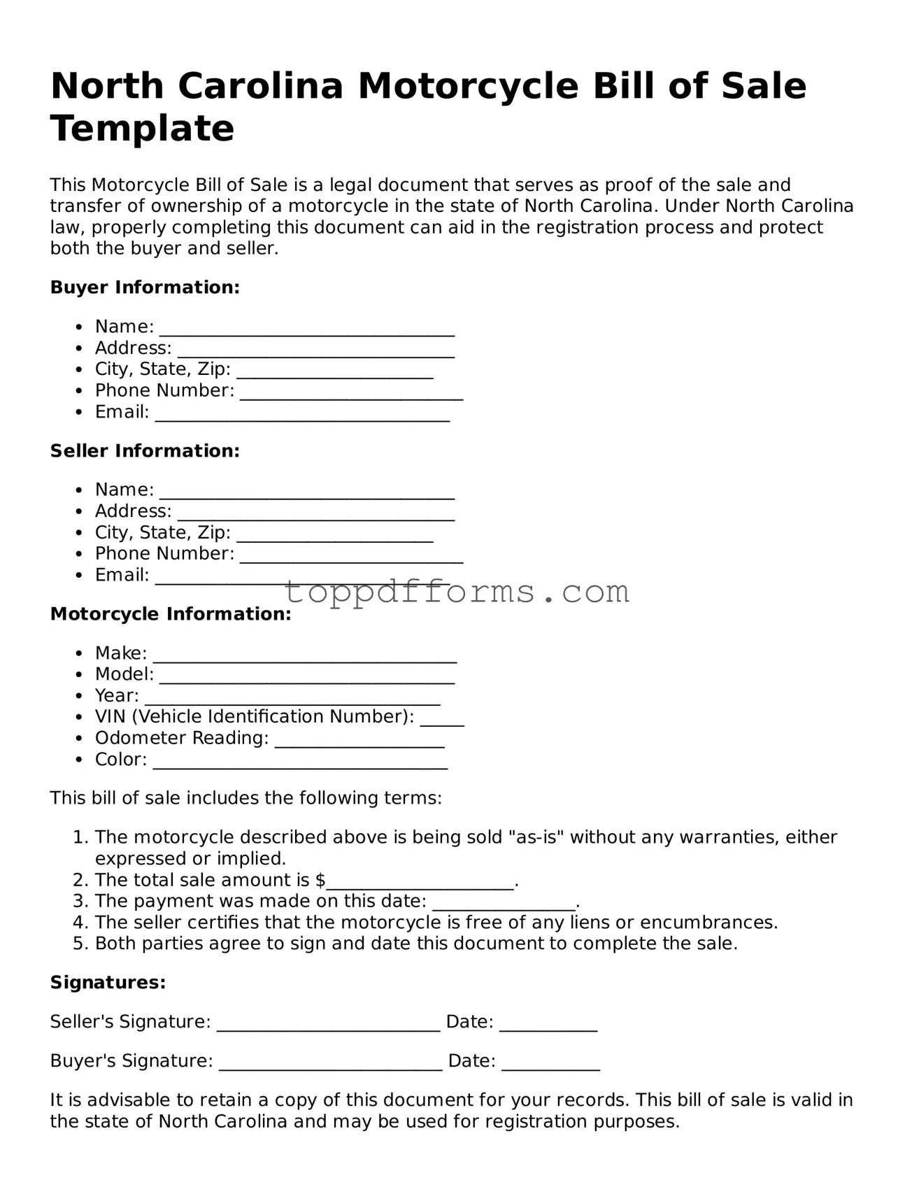 Motorcycle Bill of Sale Document for North Carolina State