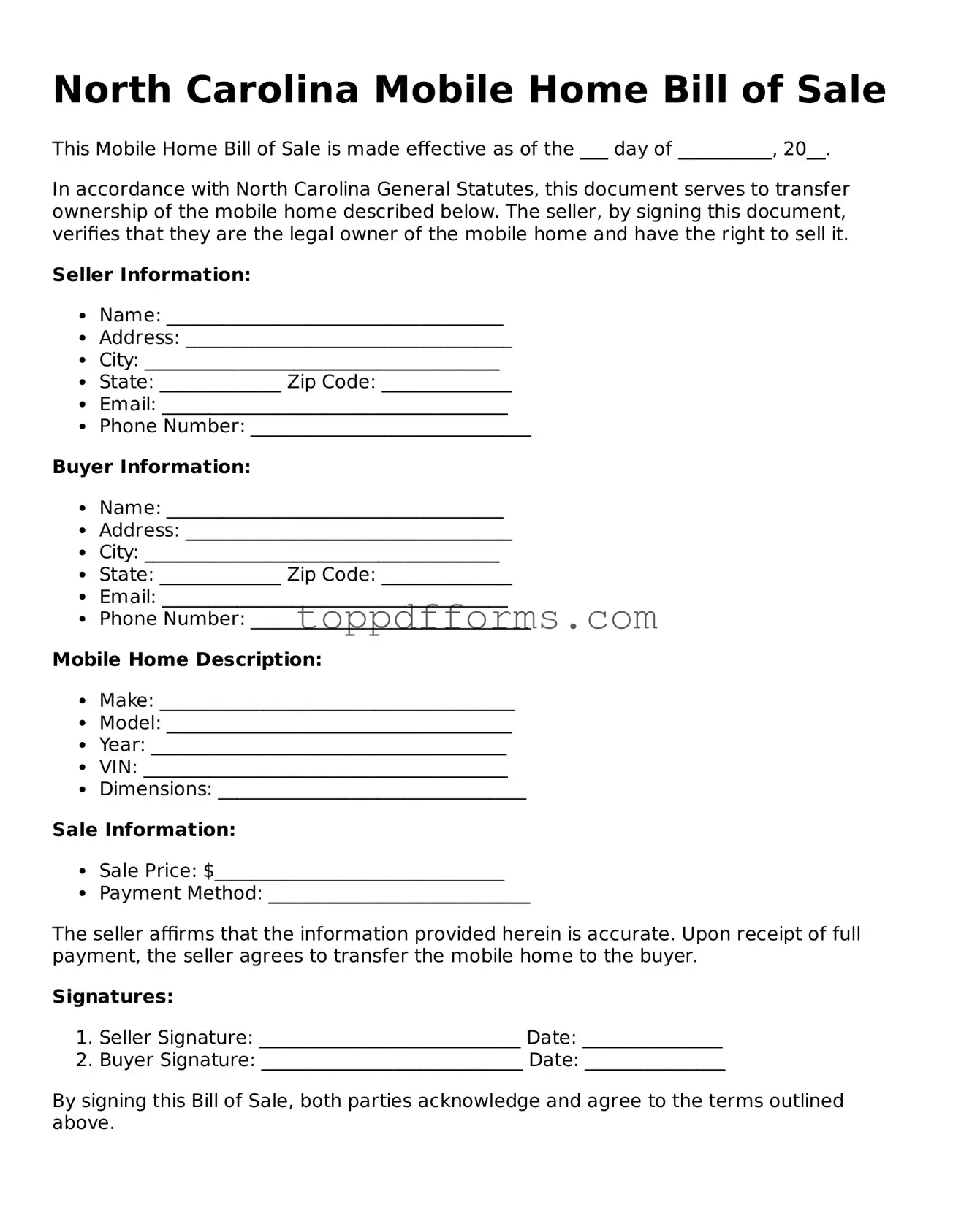 Mobile Home Bill of Sale Document for North Carolina State