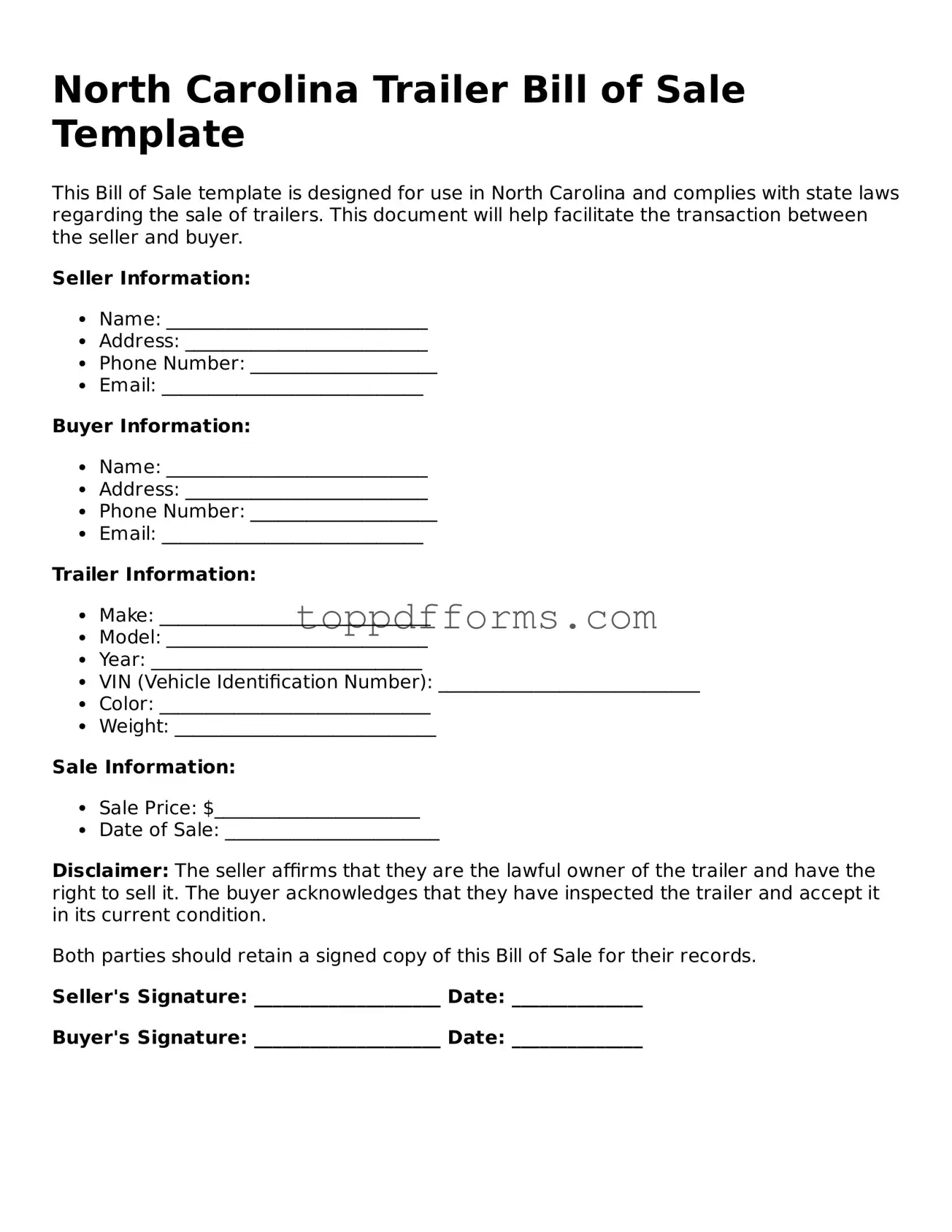 Trailer Bill of Sale Document for North Carolina State