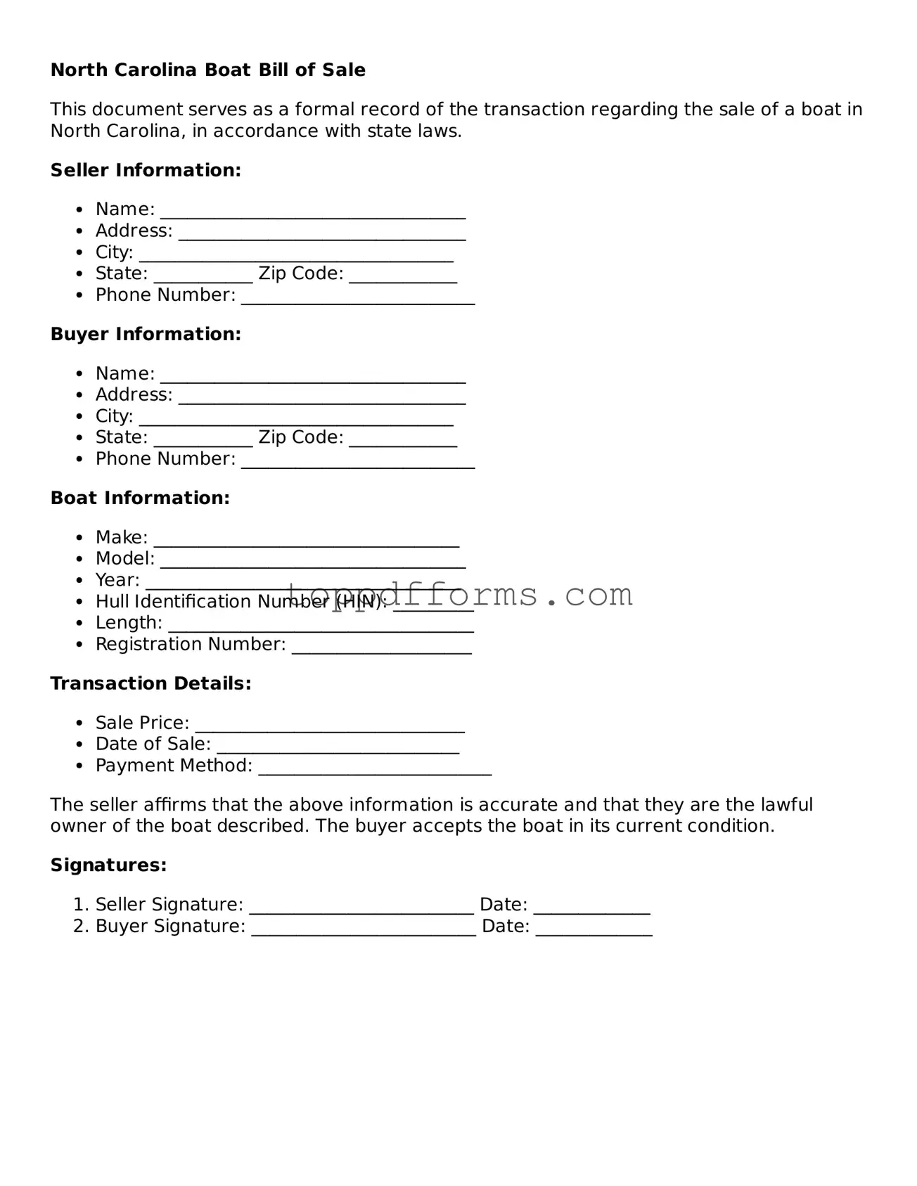 Boat Bill of Sale Document for North Carolina State