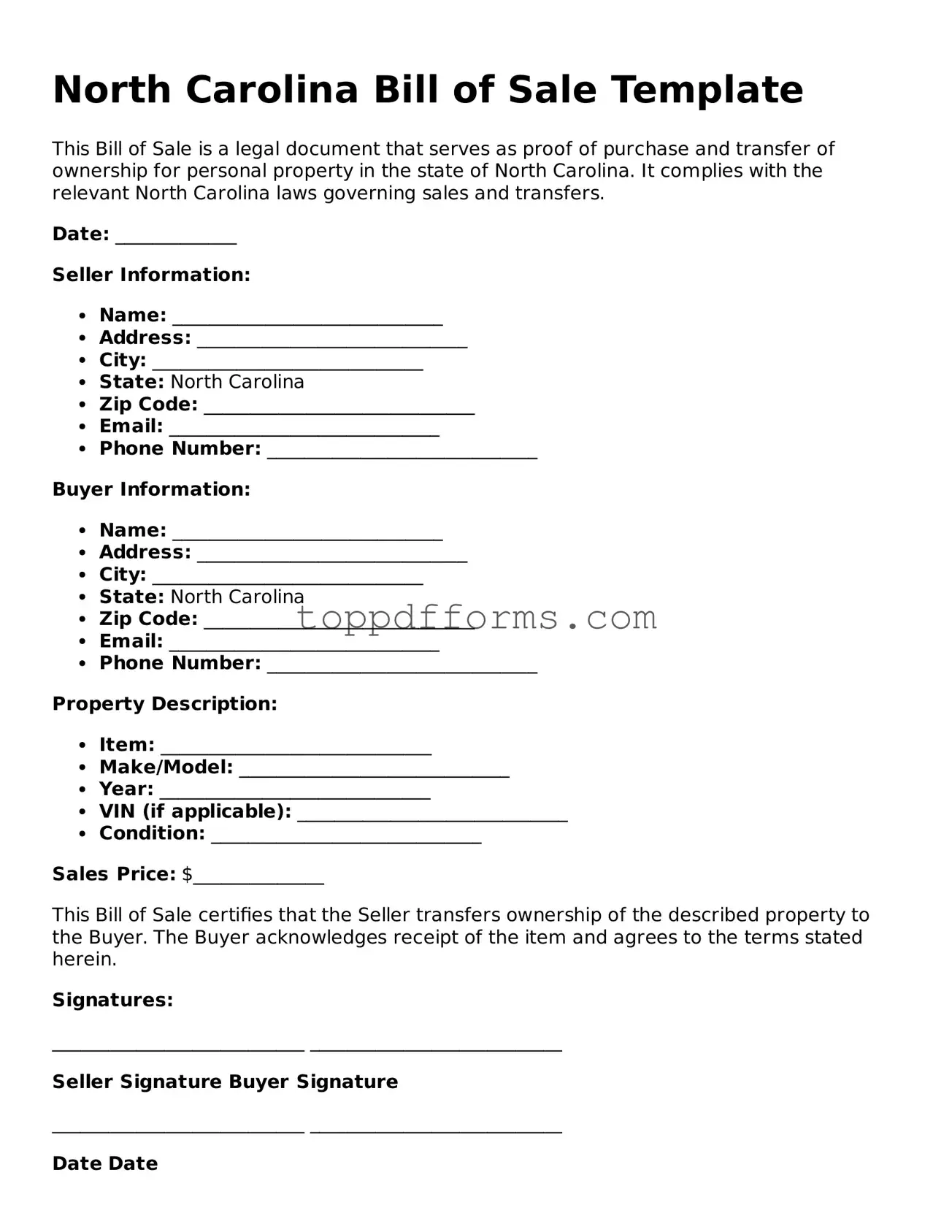 Bill of Sale Document for North Carolina State