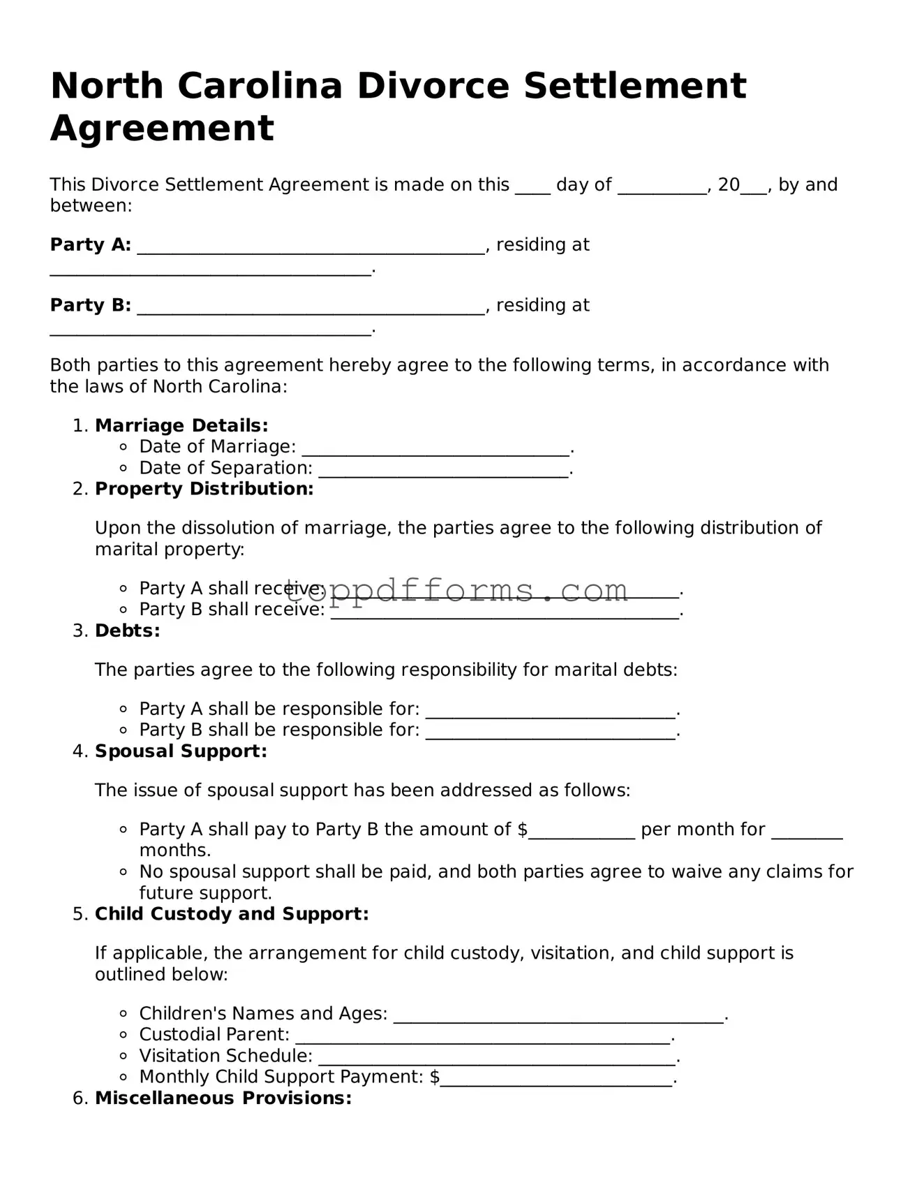 Divorce Settlement Agreement Document for North Carolina State