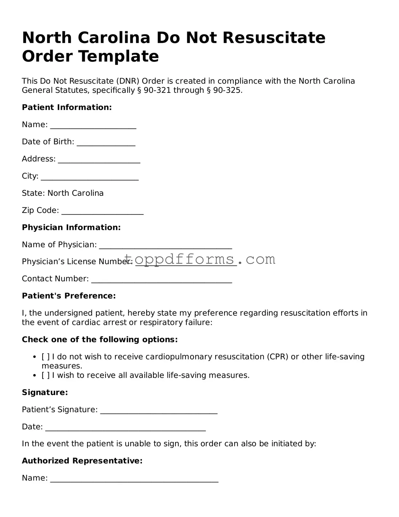 Do Not Resuscitate Order Document for North Carolina State