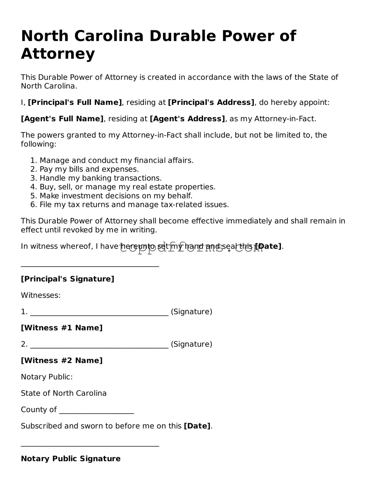 Durable Power of Attorney Document for North Carolina State