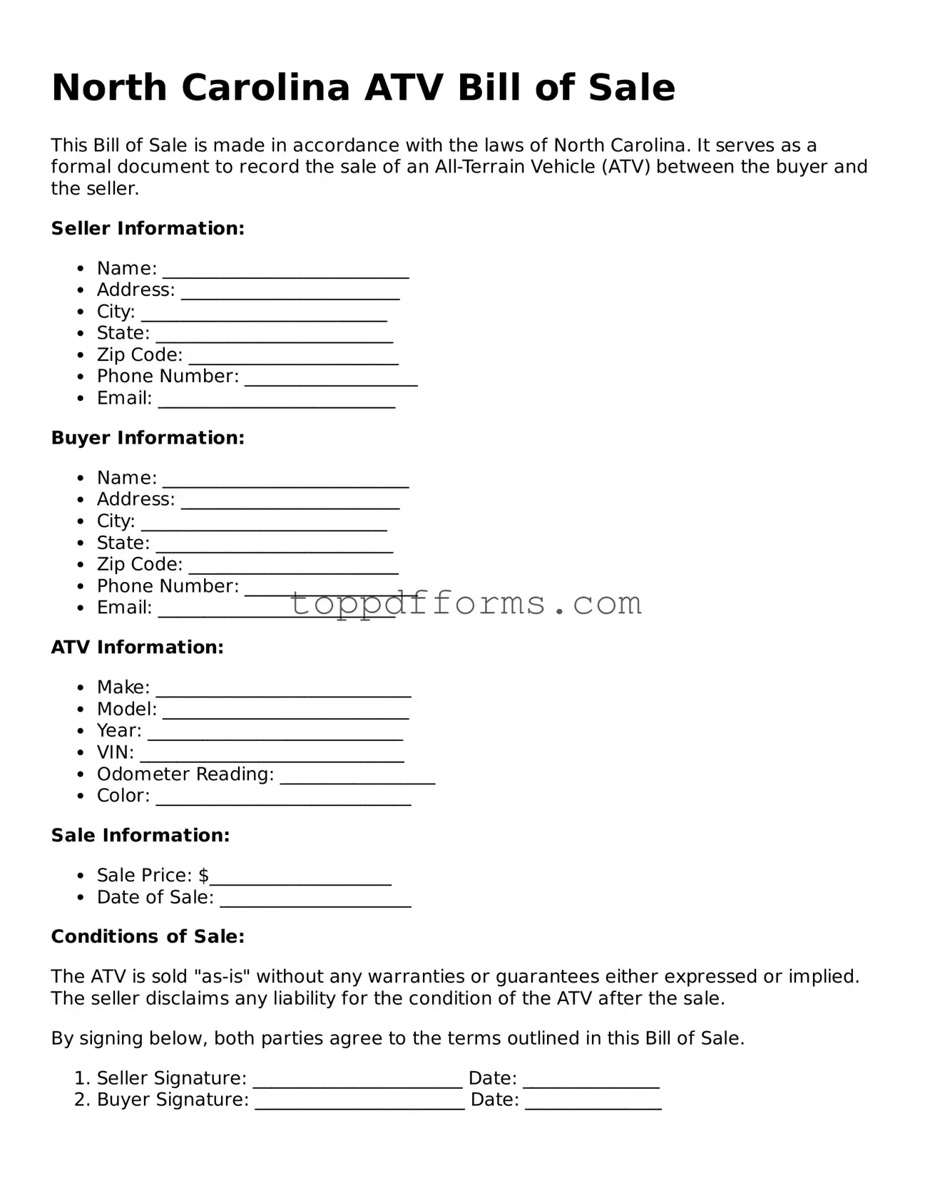 ATV Bill of Sale Document for North Carolina State