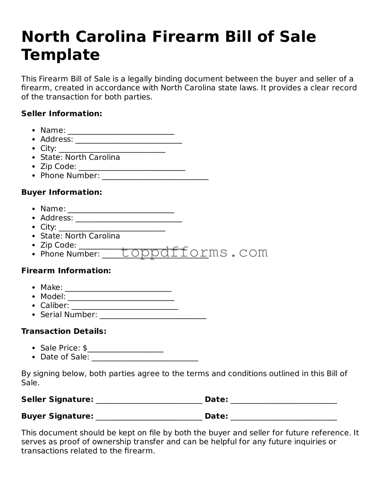 Firearm Bill of Sale Document for North Carolina State