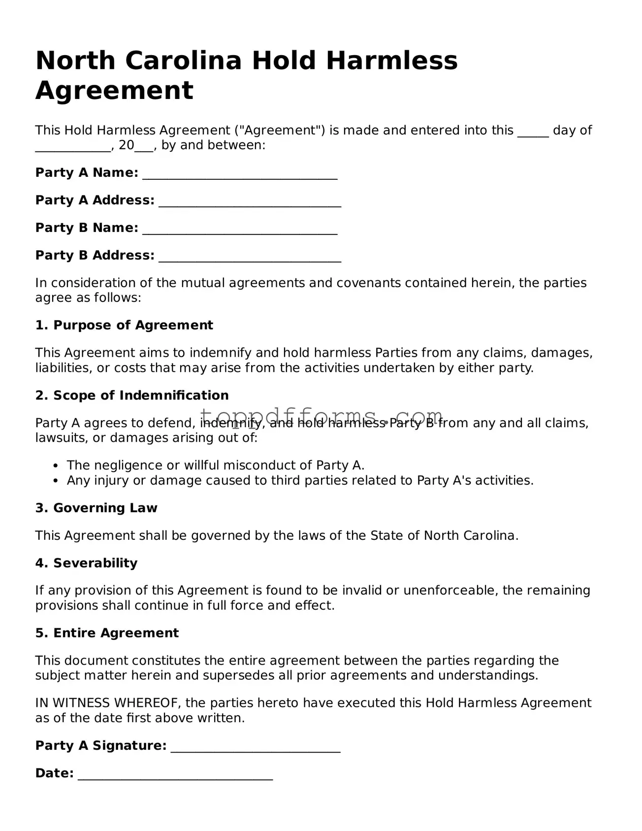 Hold Harmless Agreement Document for North Carolina State