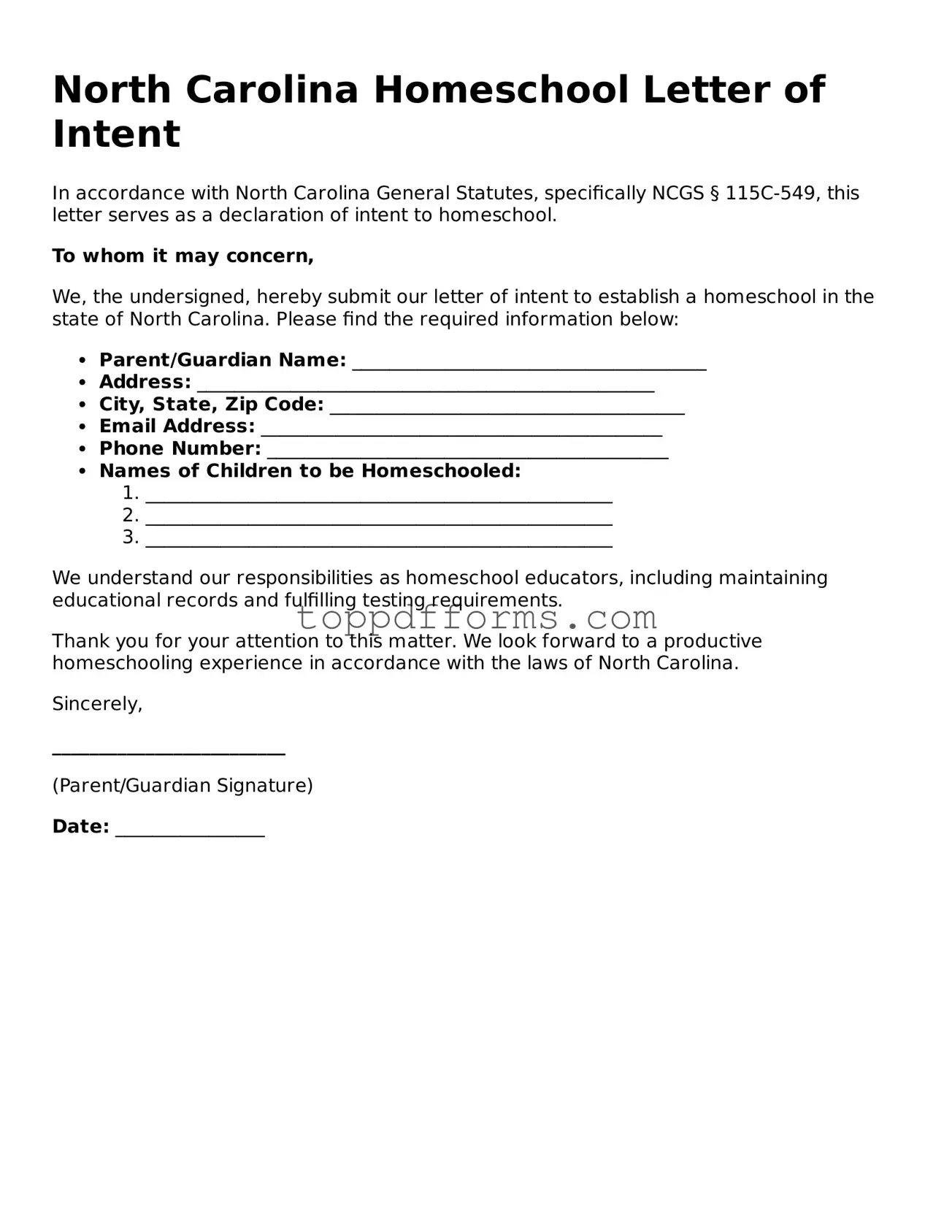 Homeschool Letter of Intent Document for North Carolina State