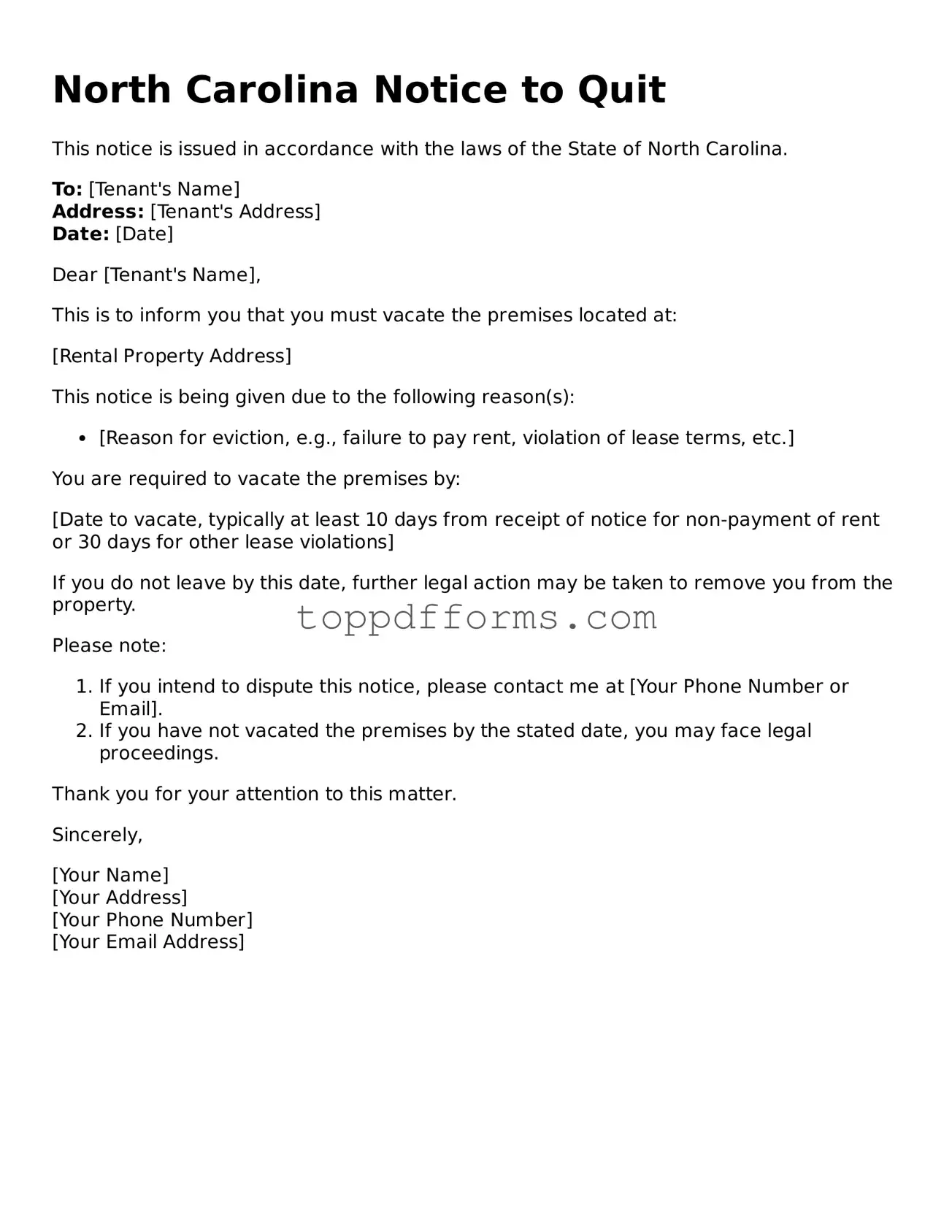 Notice to Quit Document for North Carolina State