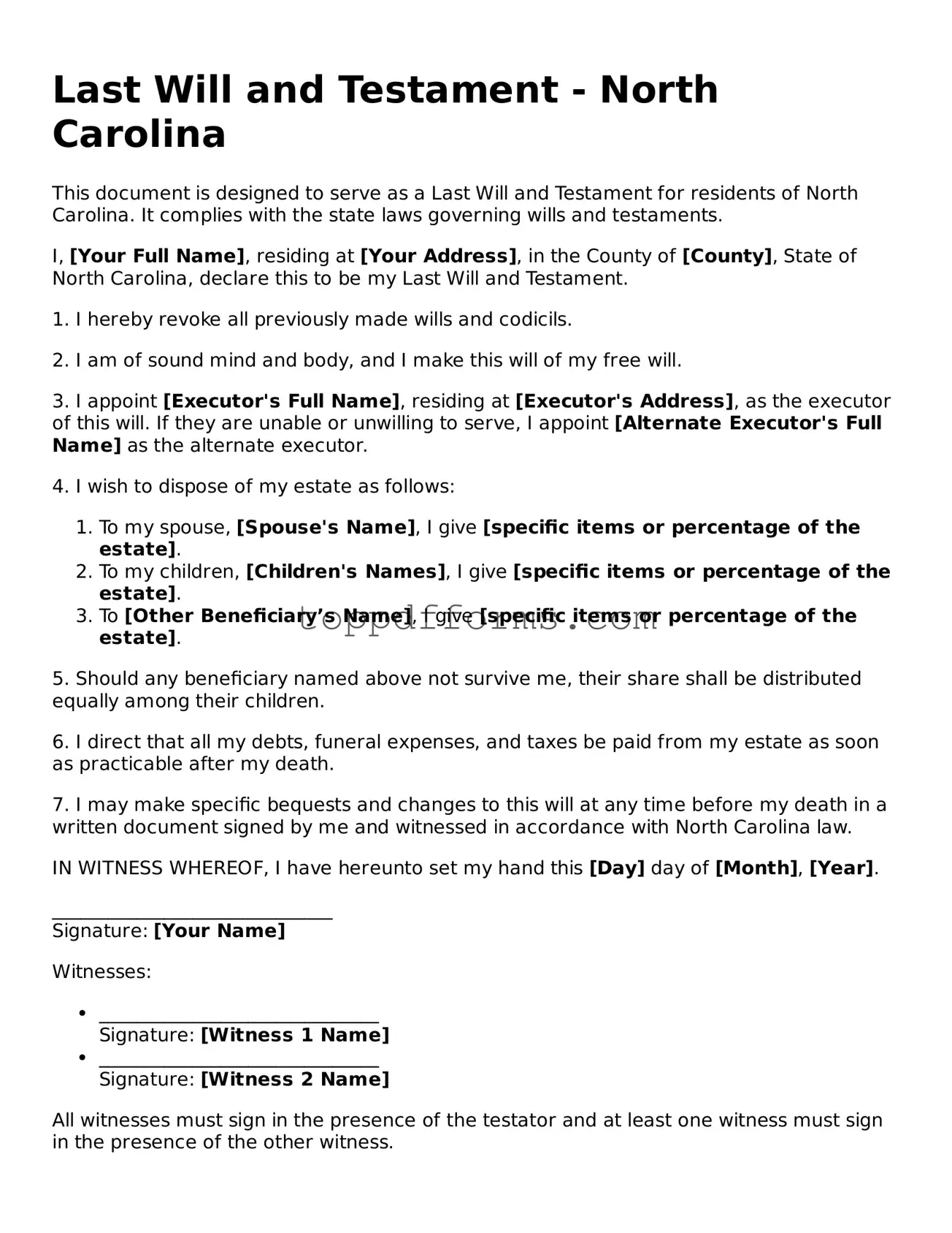 Last Will and Testament Document for North Carolina State