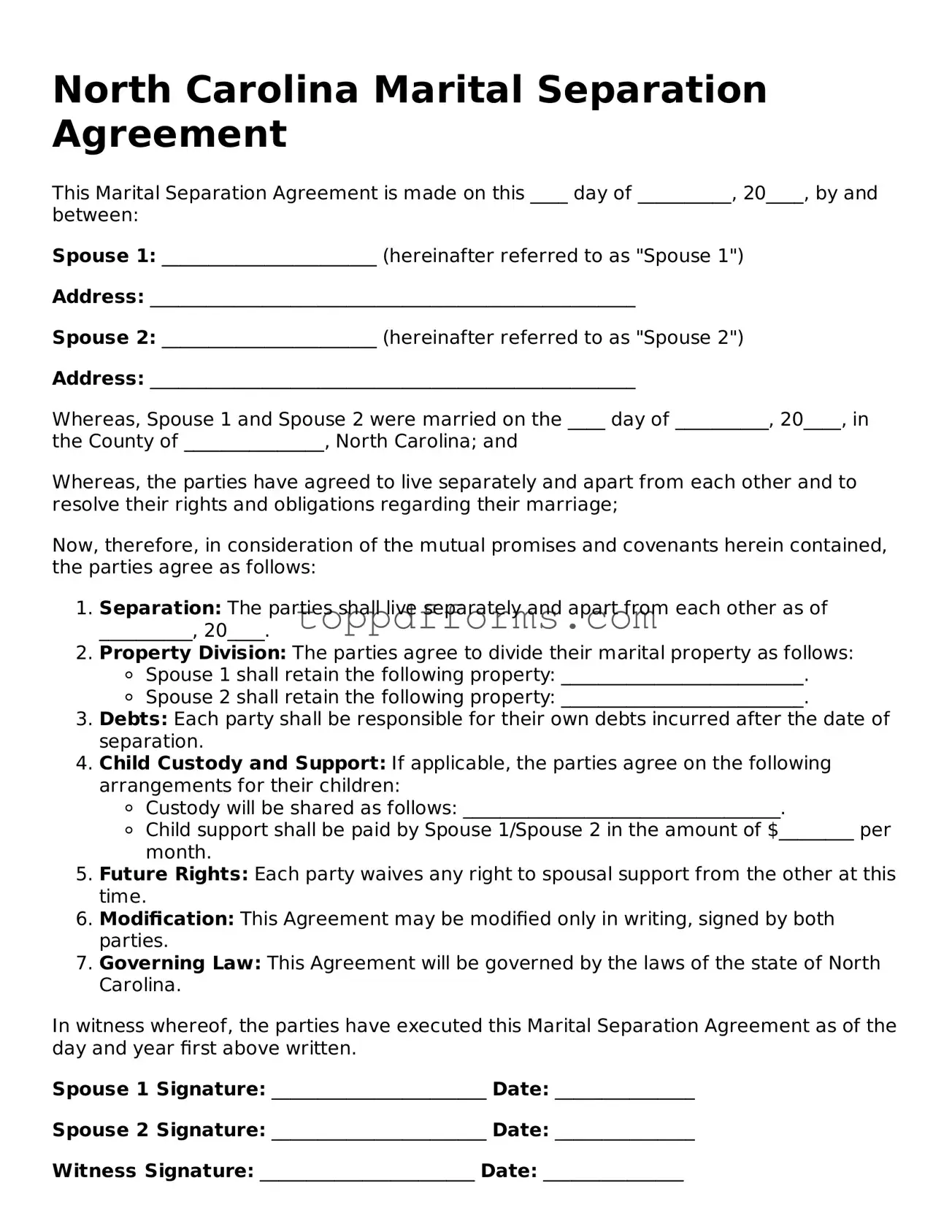 Marital Separation Agreement Document for North Carolina State