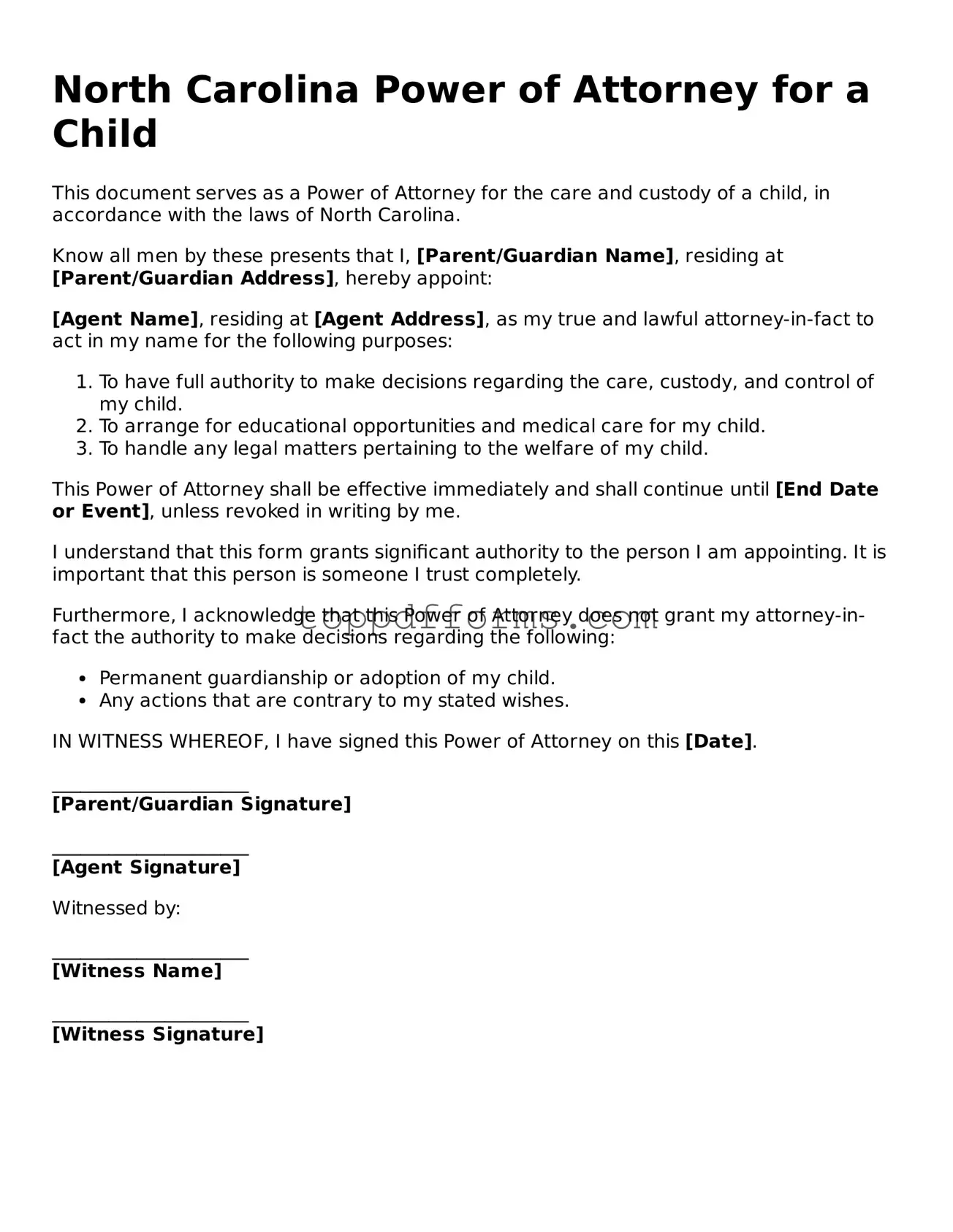 Power of Attorney for a Child Document for North Carolina State