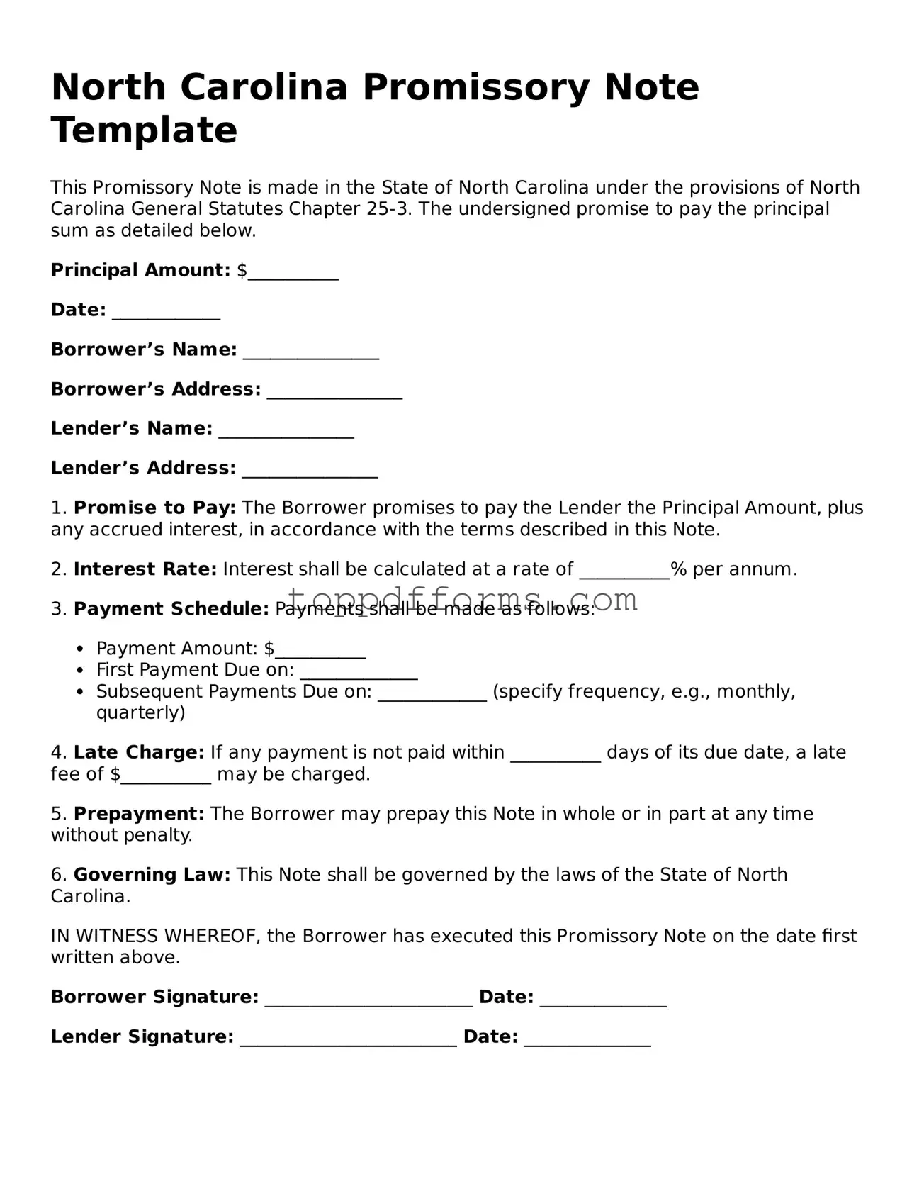 Promissory Note Document for North Carolina State
