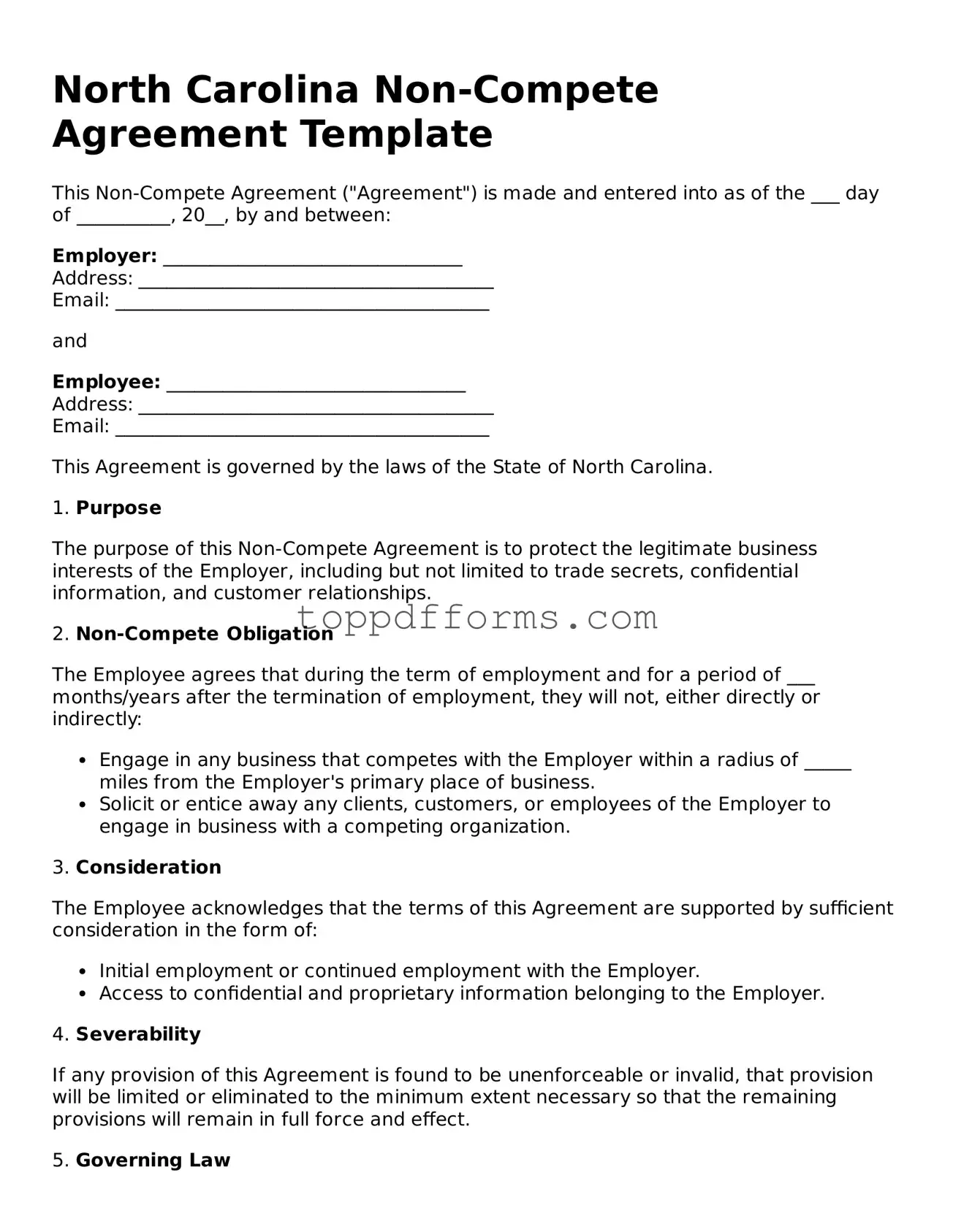 Non-compete Agreement Document for North Carolina State