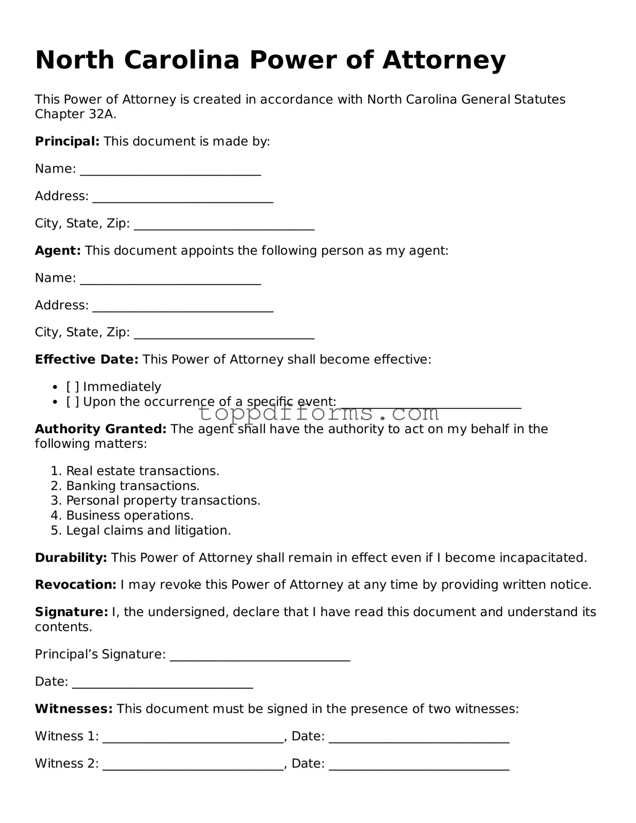 Power of Attorney Document for North Carolina State
