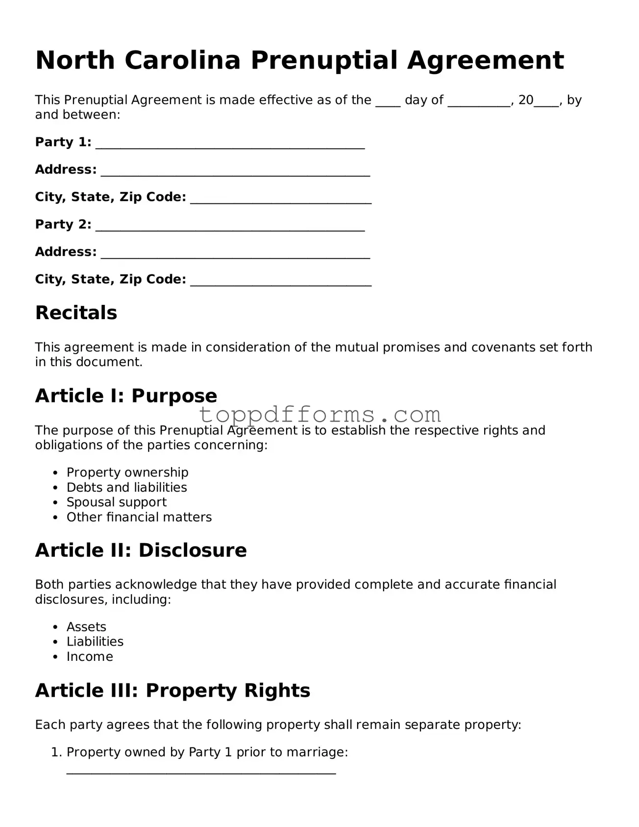 Prenuptial Agreement Document for North Carolina State