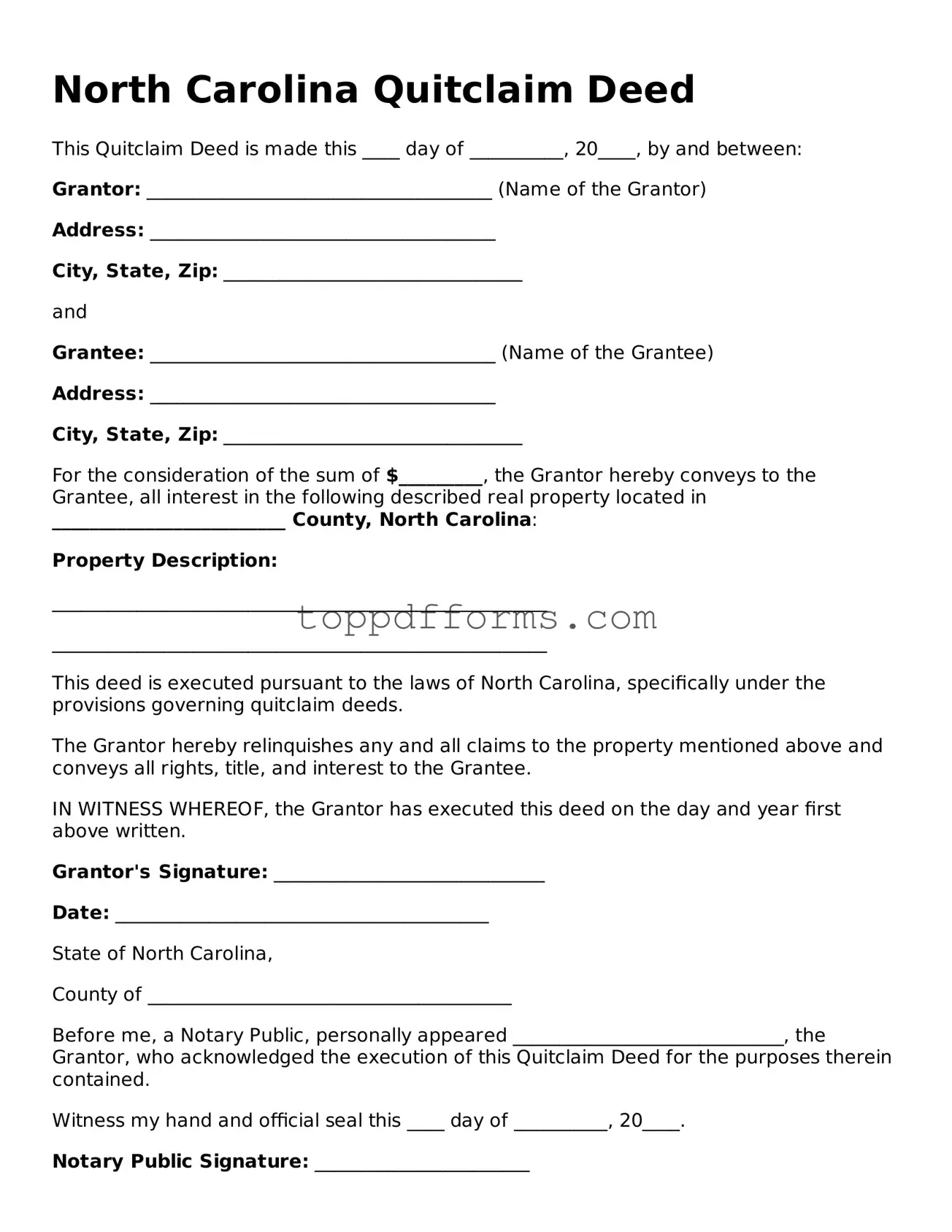 Quitclaim Deed Document for North Carolina State