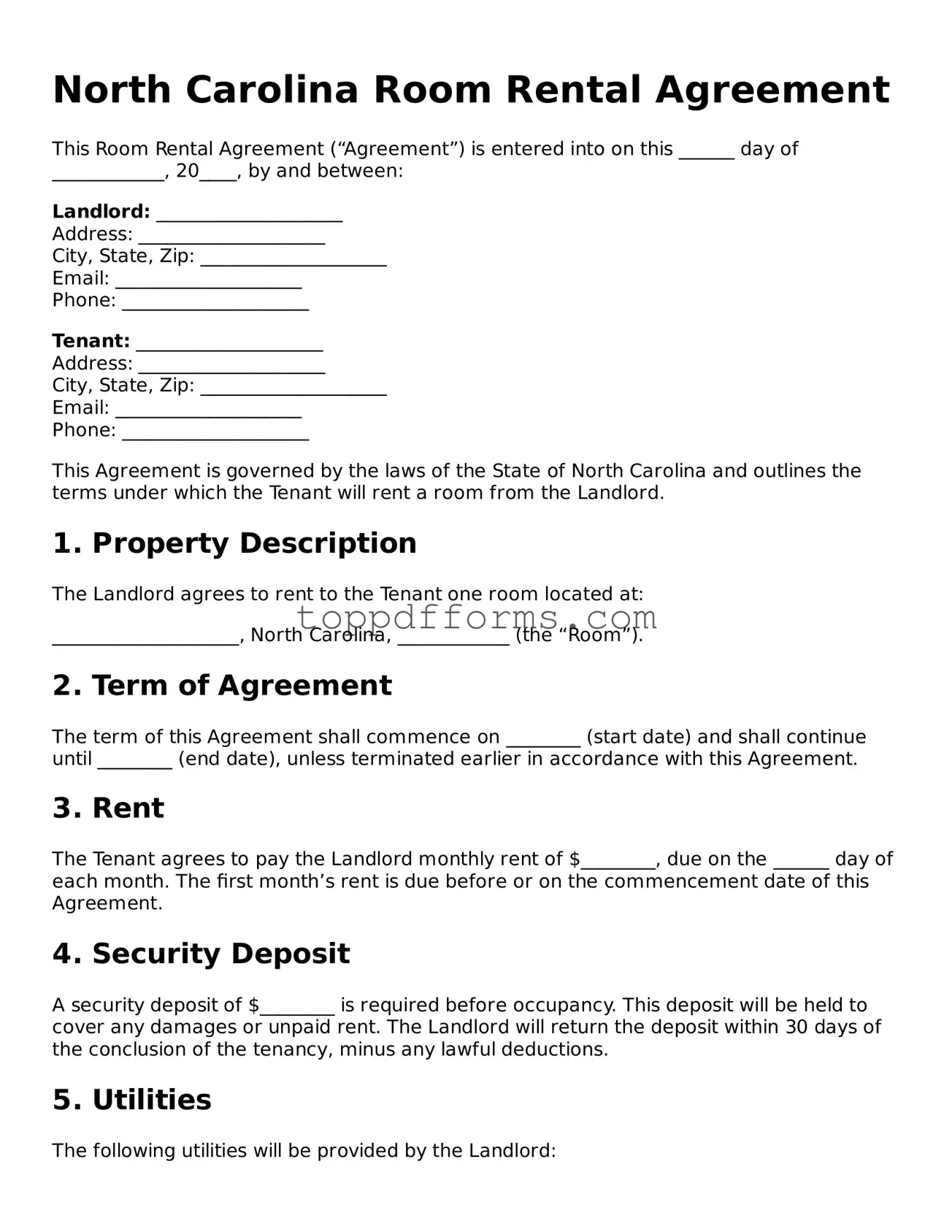 Room Rental Agreement Document for North Carolina State