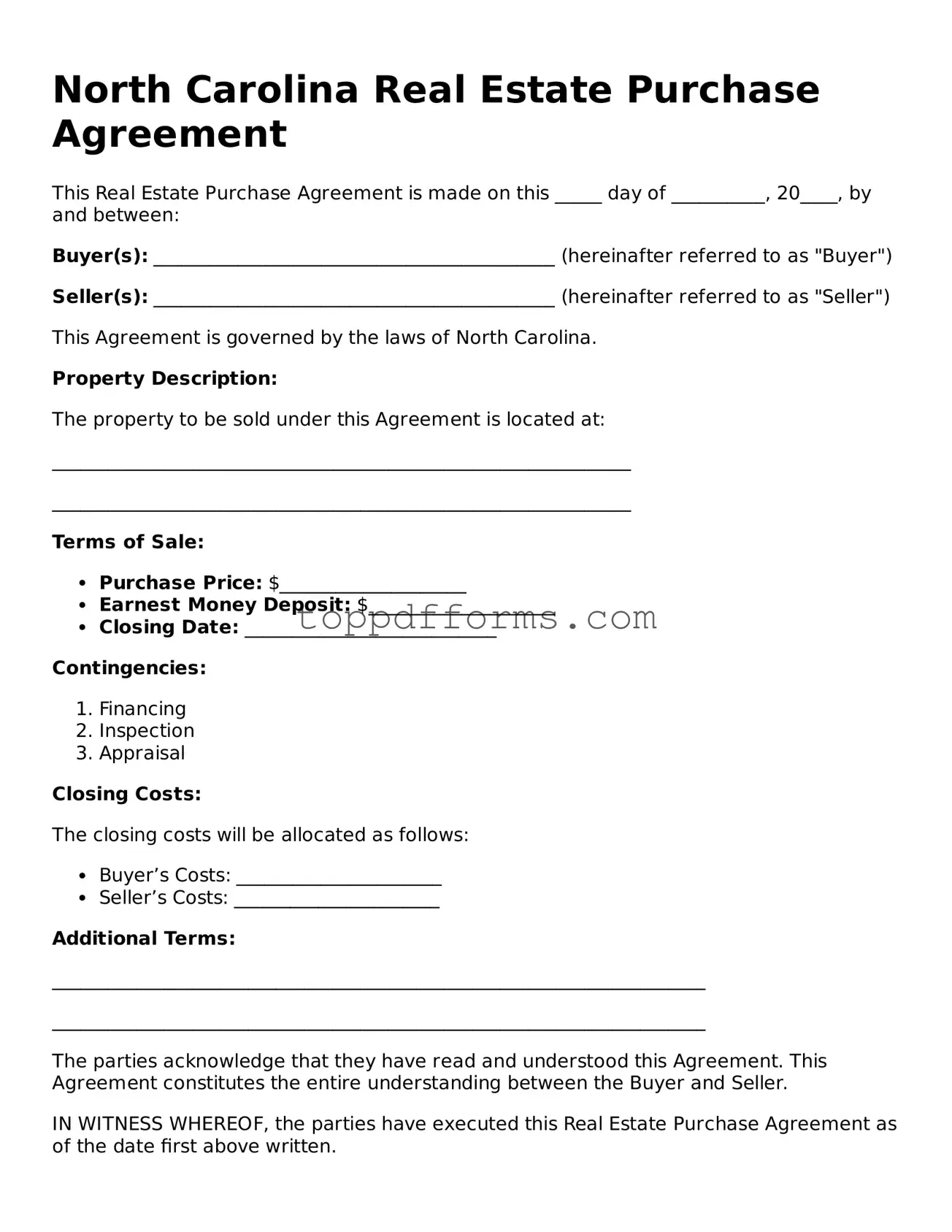 Real Estate Purchase Agreement Document for North Carolina State