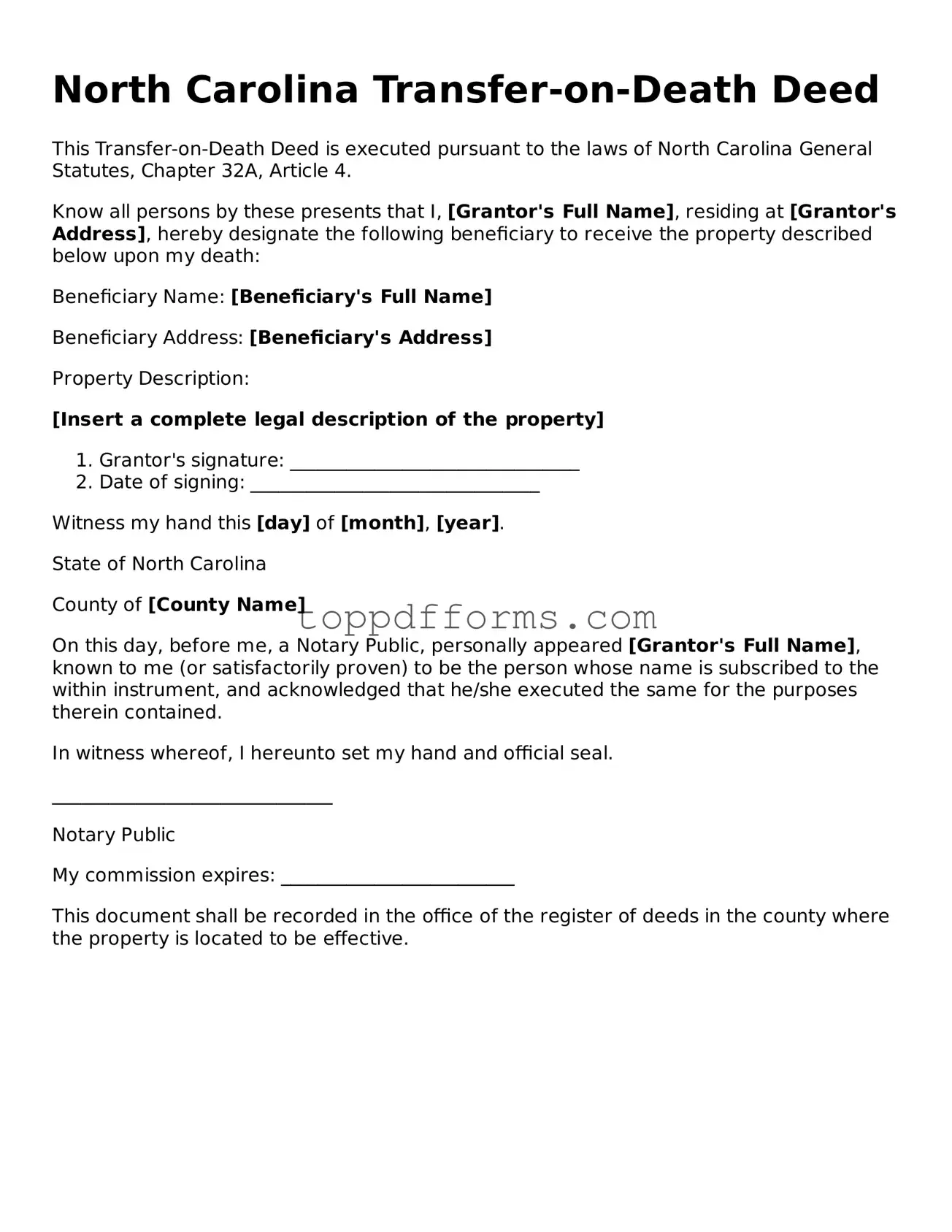 Transfer-on-Death Deed Document for North Carolina State