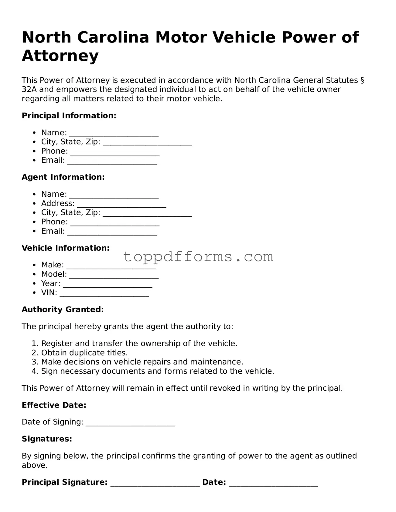 Motor Vehicle Power of Attorney Document for North Carolina State