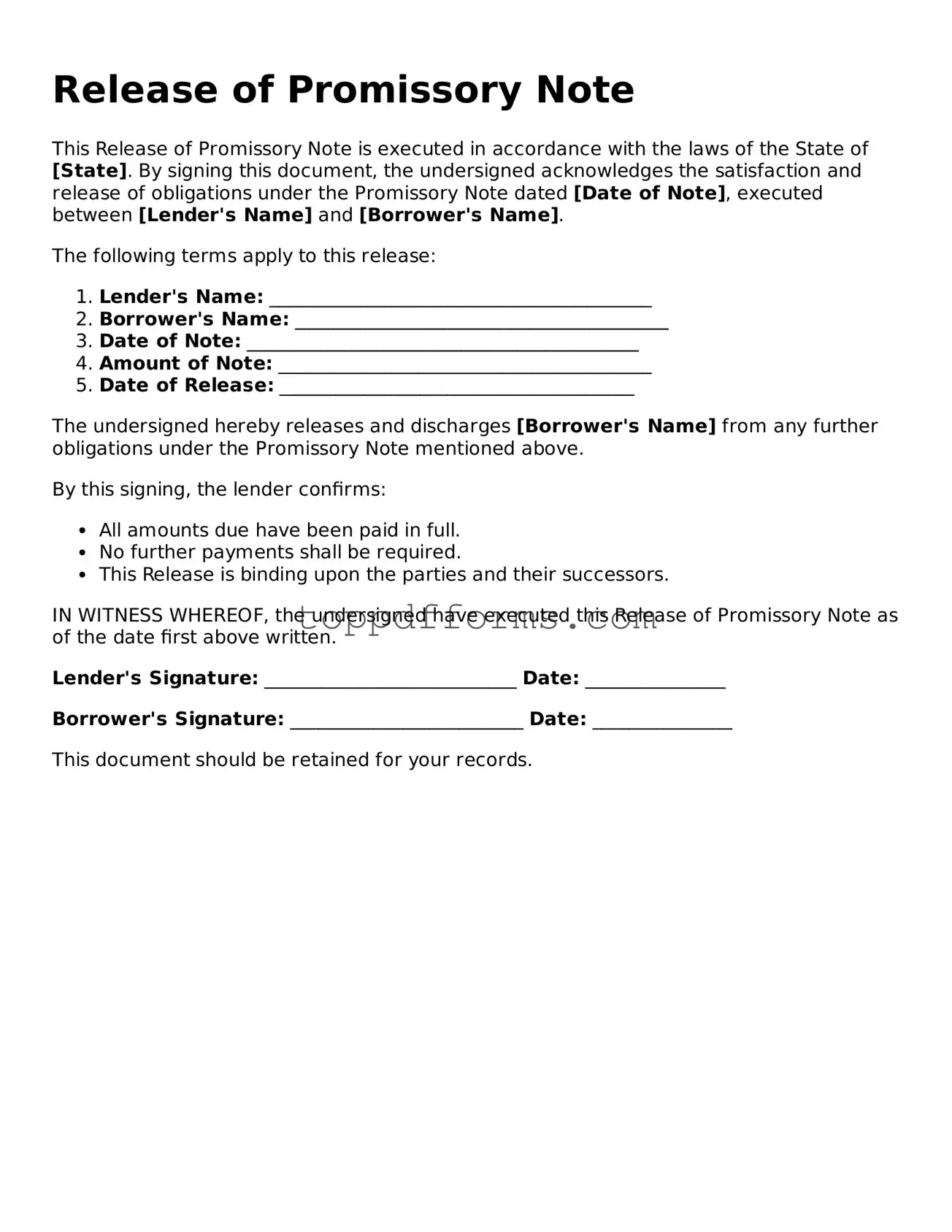 Free Release of Promissory Note Template