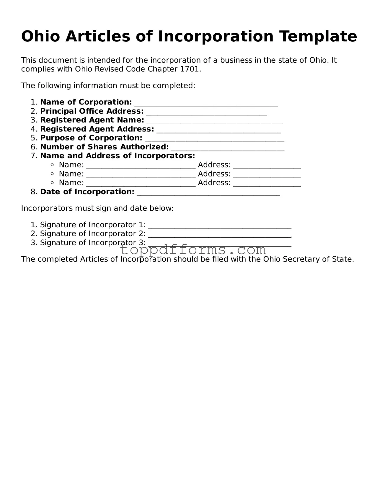 Articles of Incorporation Document for Ohio State