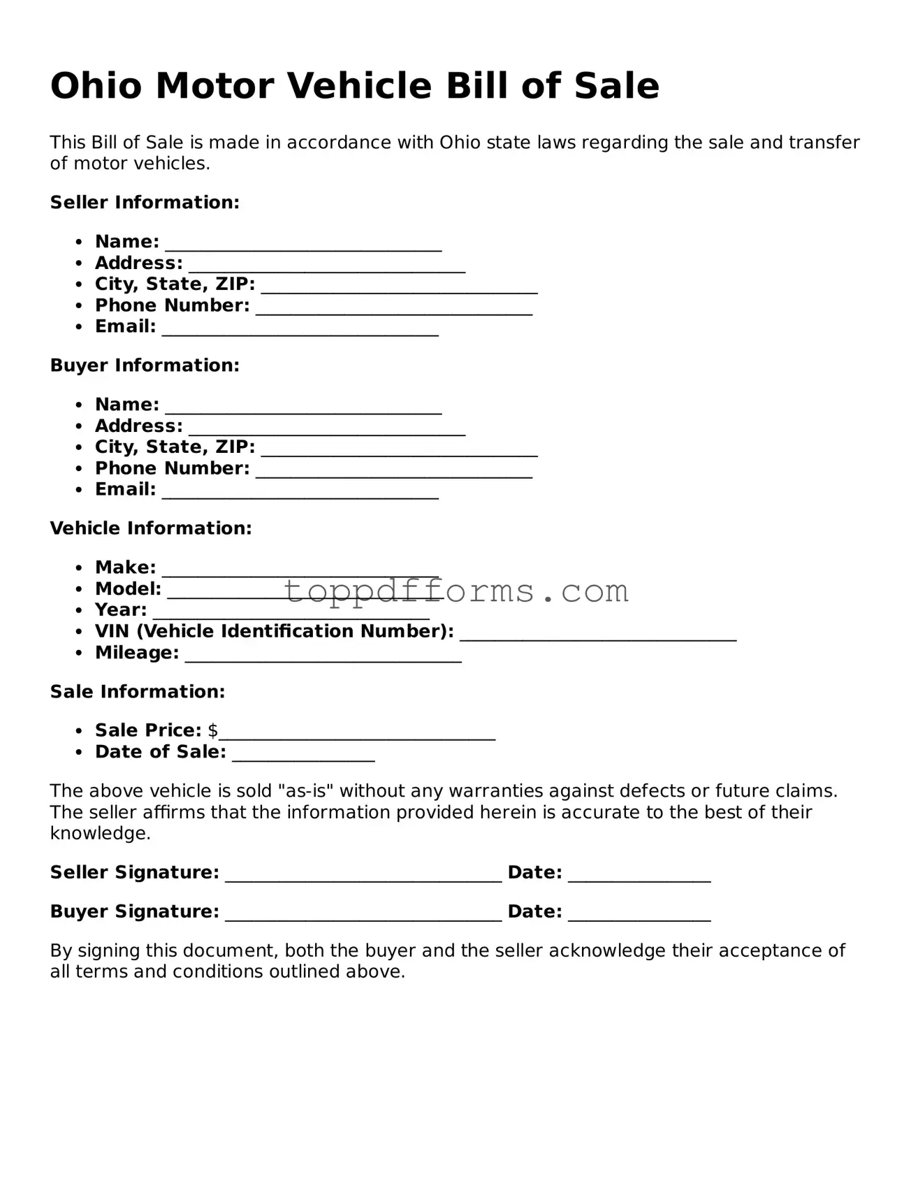 Motor Vehicle Bill of Sale Document for Ohio State