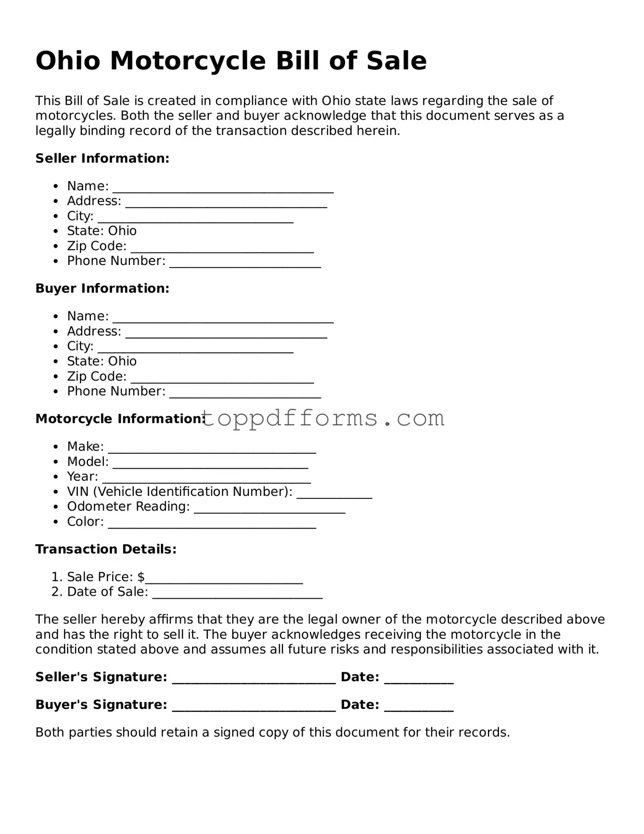 Motorcycle Bill of Sale Document for Ohio State