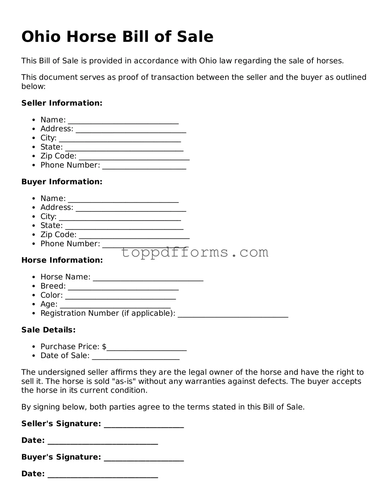 Horse Bill of Sale Document for Ohio State