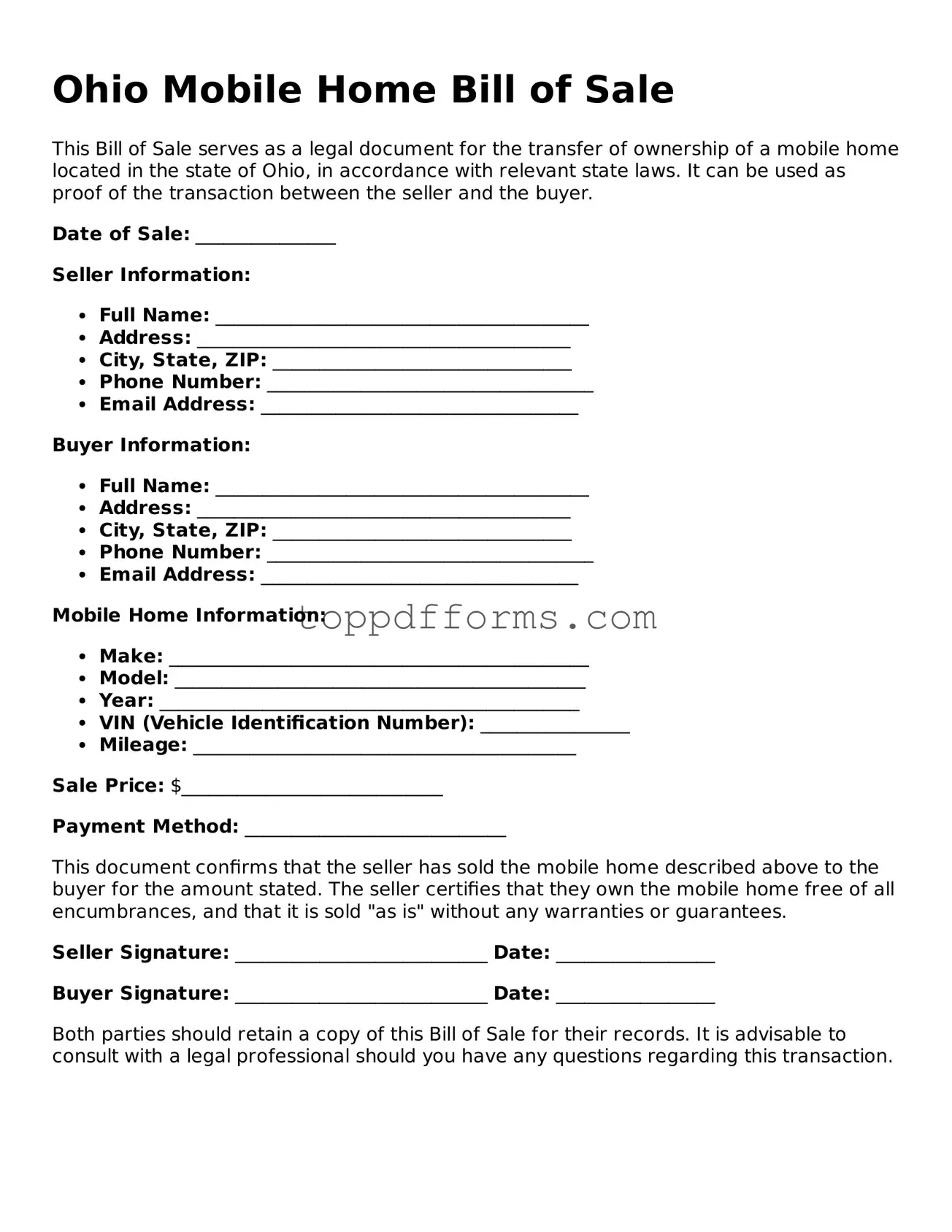 Mobile Home Bill of Sale Document for Ohio State