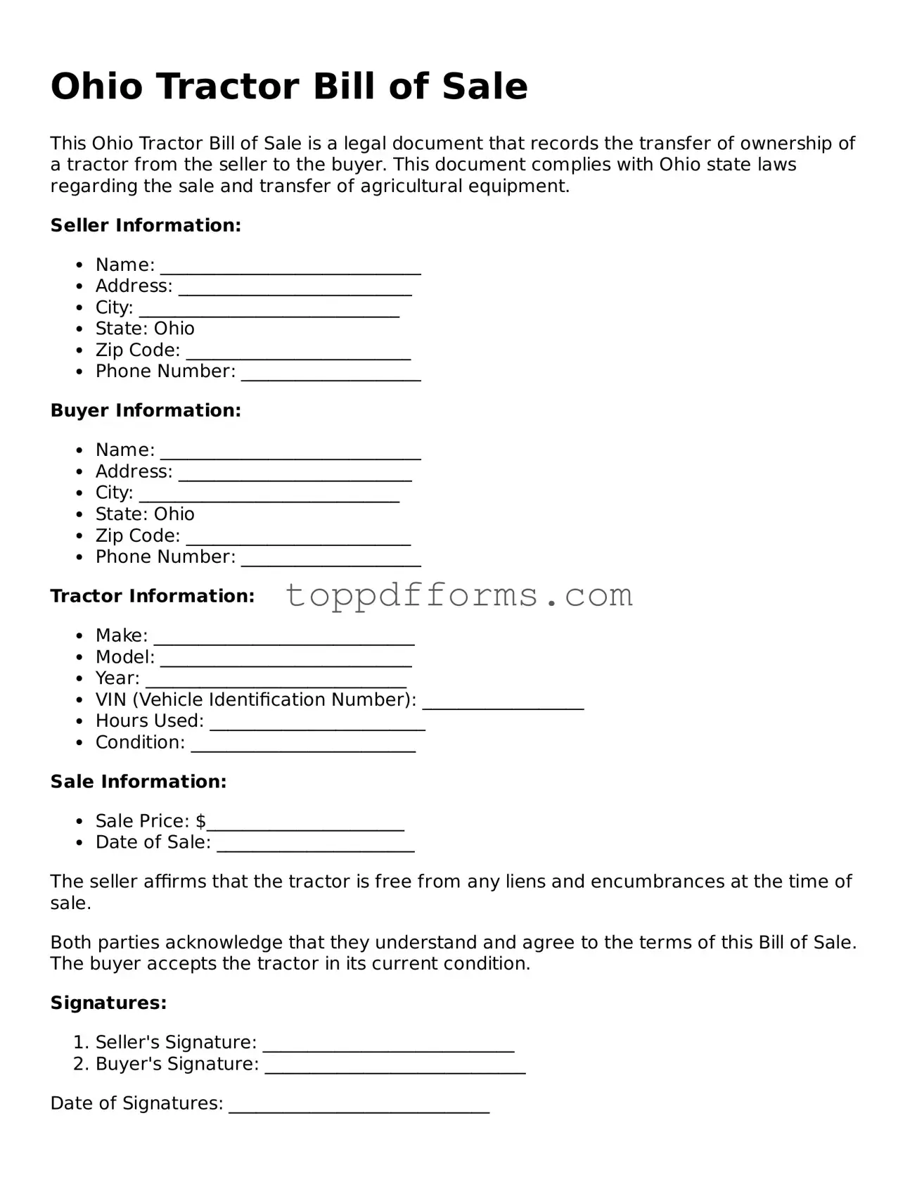 Tractor Bill of Sale Document for Ohio State