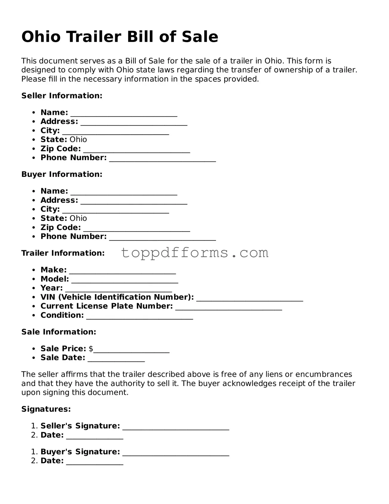 Trailer Bill of Sale Document for Ohio State